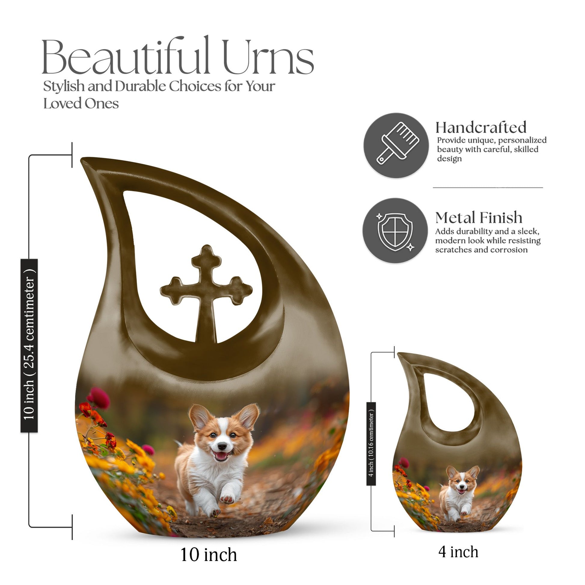 10 inch Cheerful Corgi Capers memorial urn, 