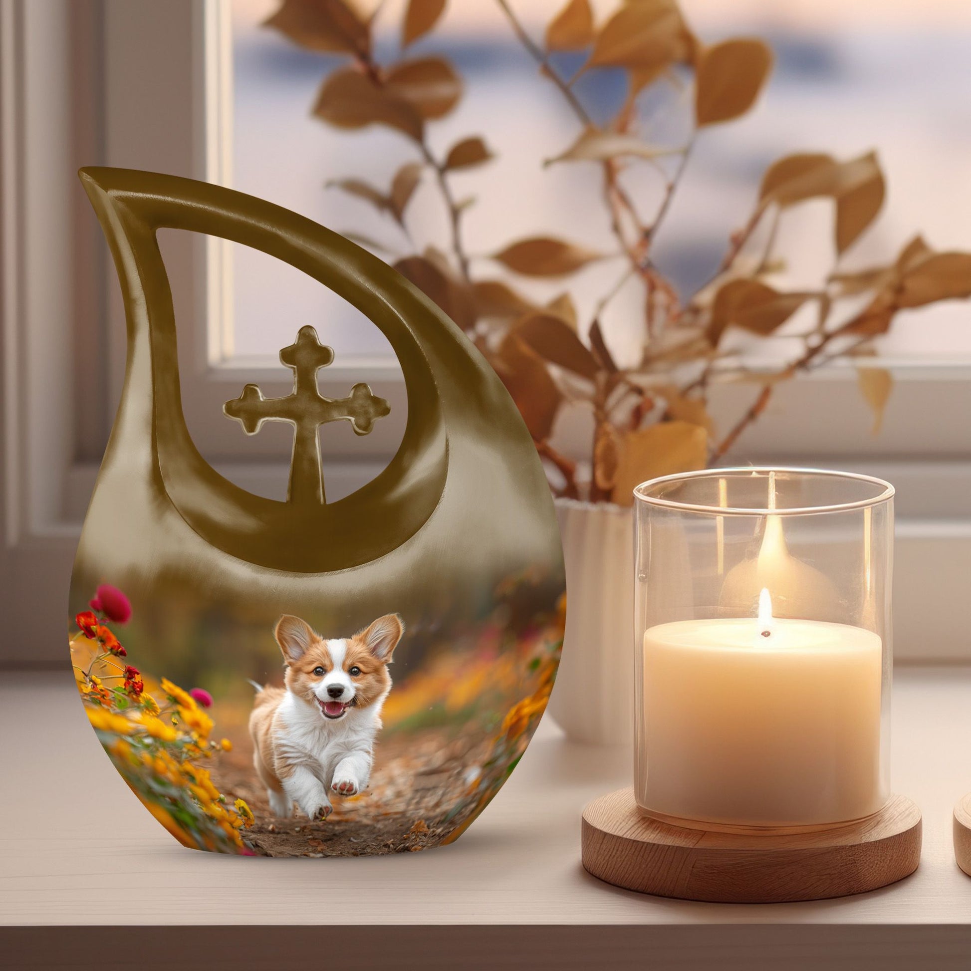 10 inch Cheerful Corgi Capers memorial urn, 