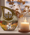 10 inch Cheerful Corgi Capers memorial urn, 