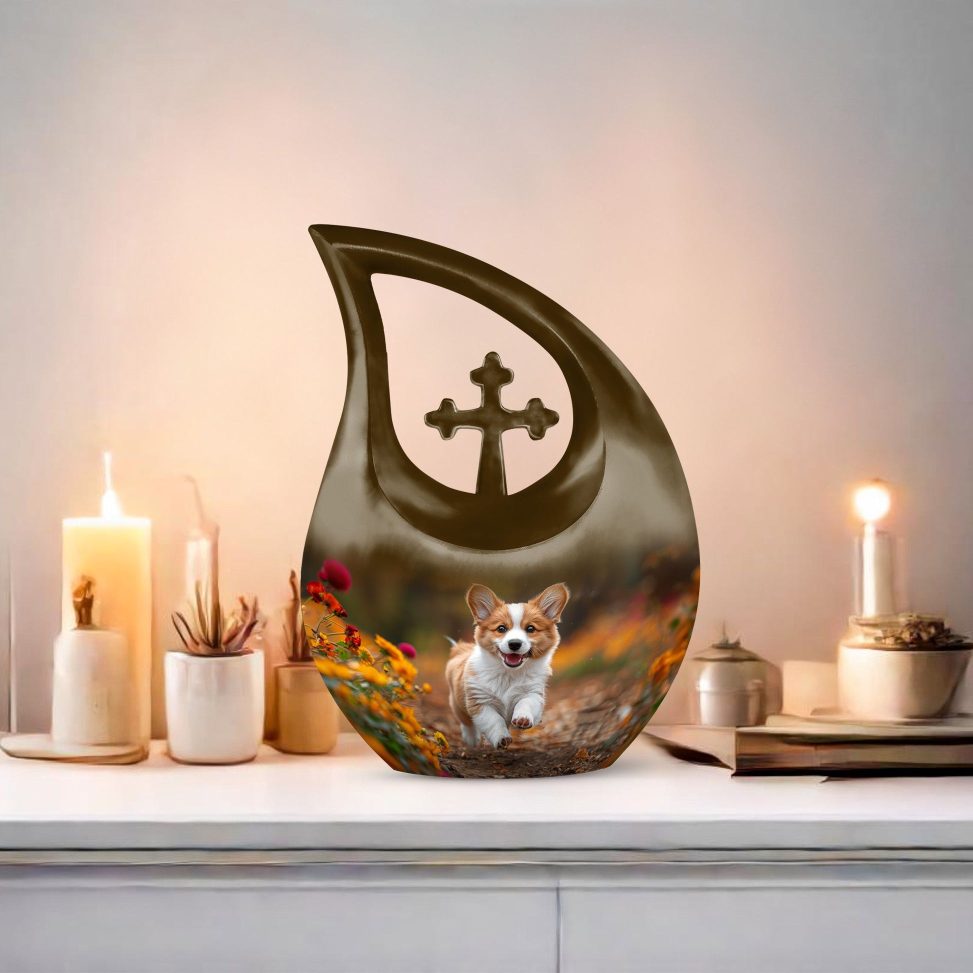 10 inch Cheerful Corgi Capers memorial urn, 