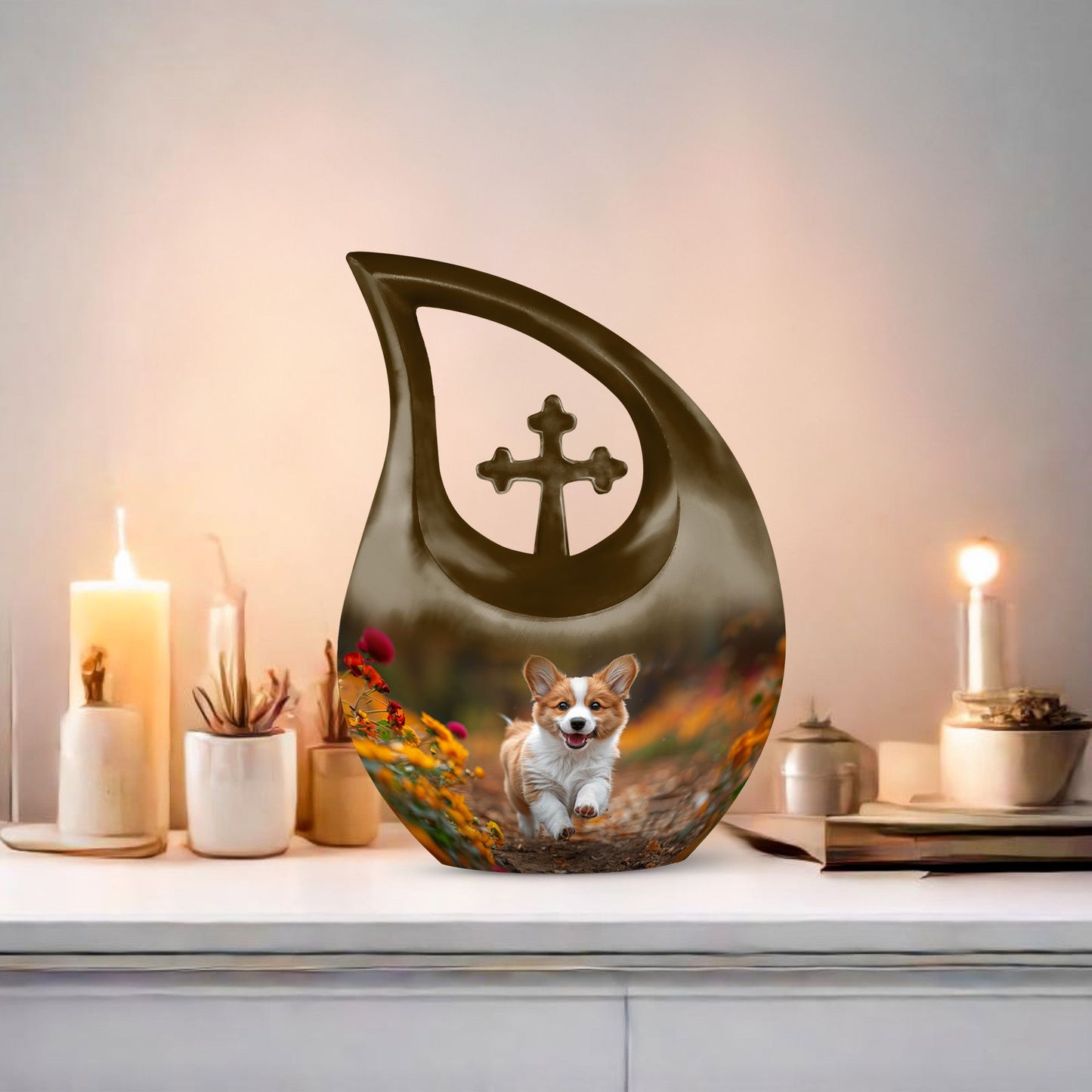 10 inch Cheerful Corgi Capers memorial urn, 