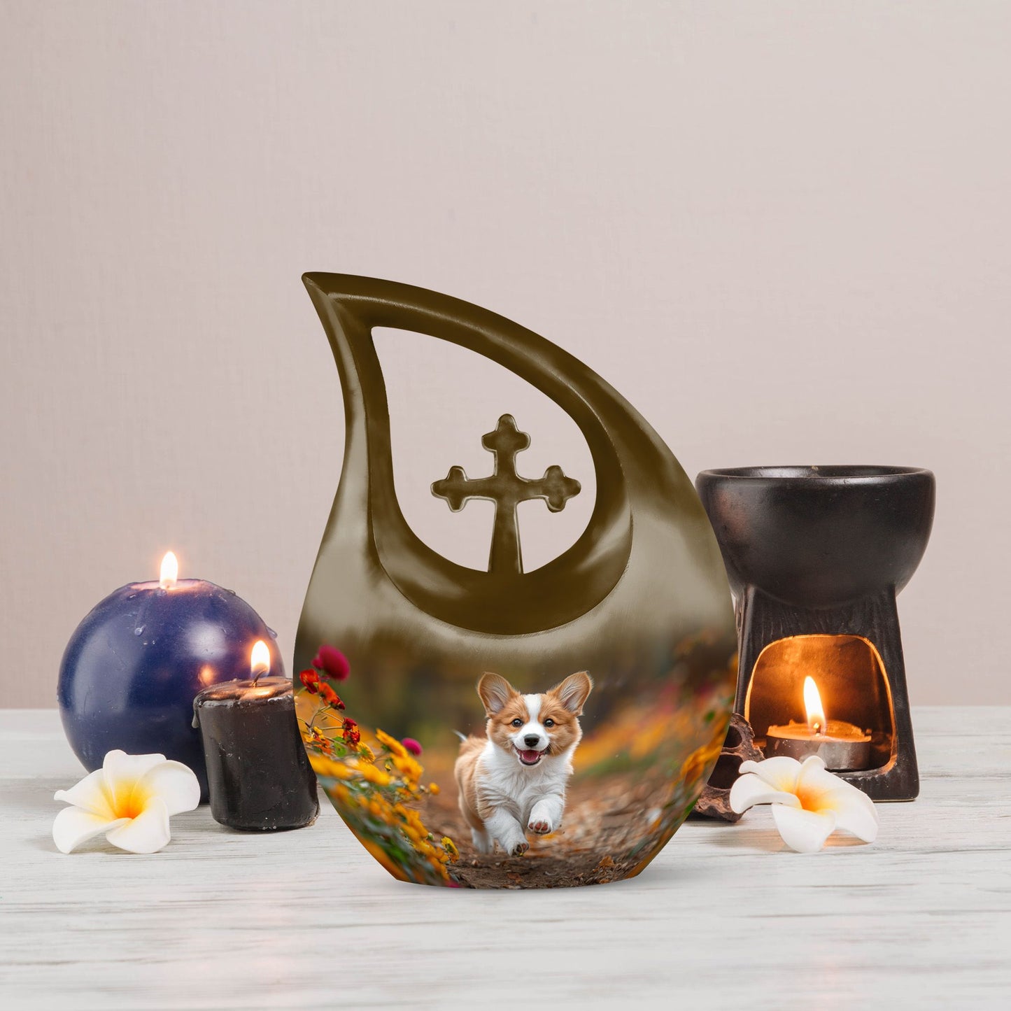 10 inch Cheerful Corgi Capers memorial urn, 