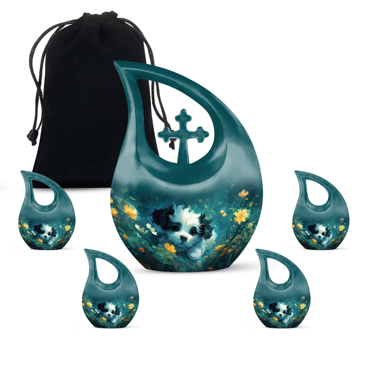 Midnight Floral Pup Urn, 10 inch Cross Drop design, 
