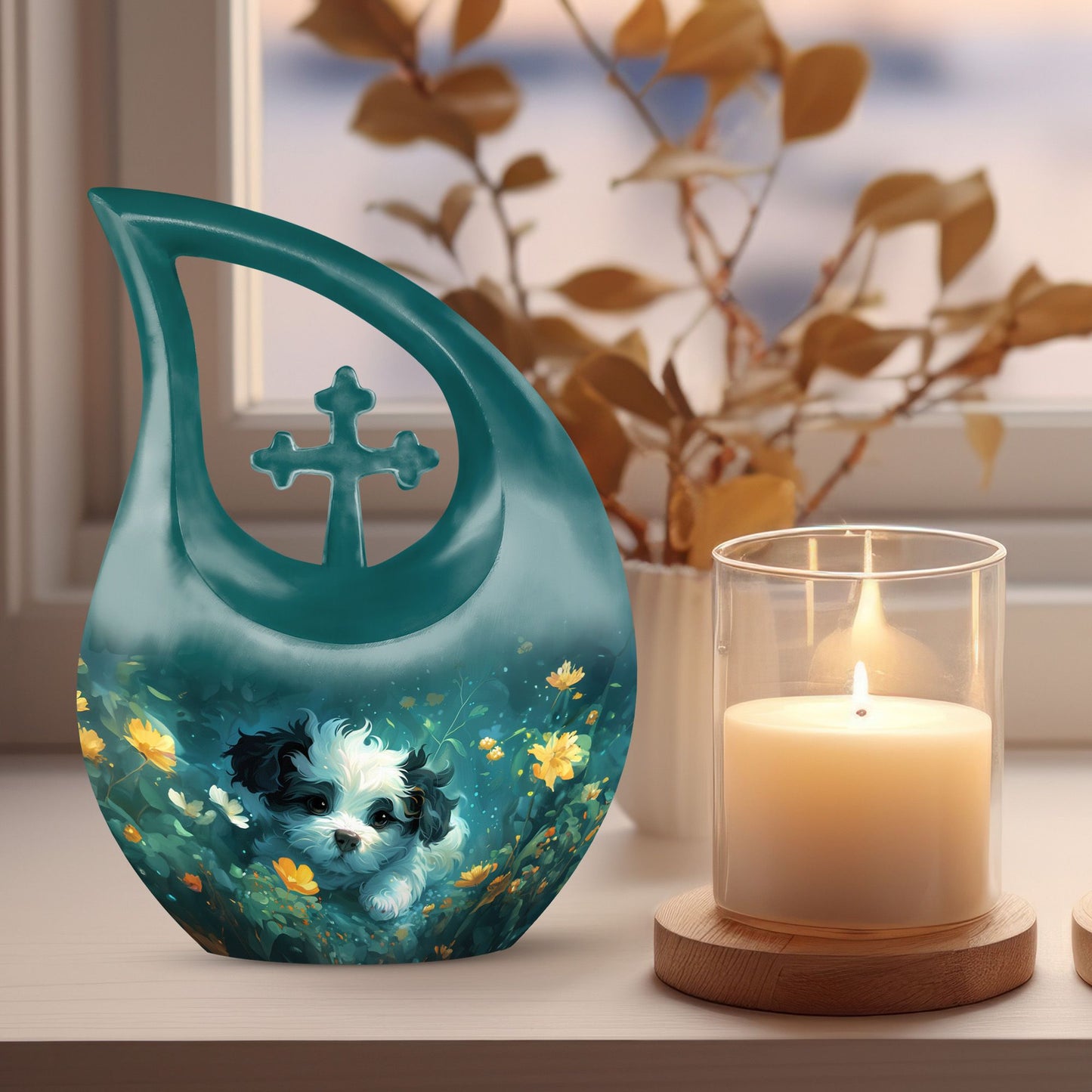 Midnight Floral Pup Urn, 10 inch Cross Drop design, 