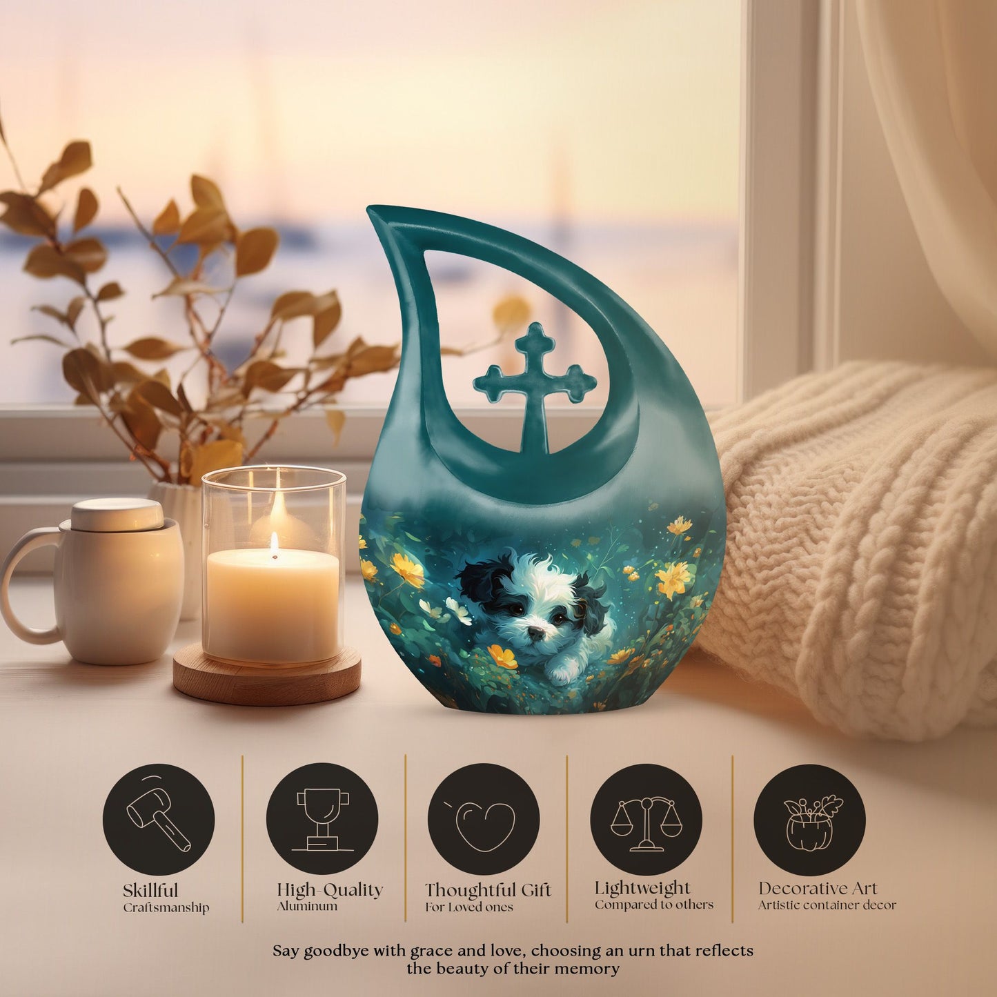 Midnight Floral Pup Urn, 10 inch Cross Drop design, 