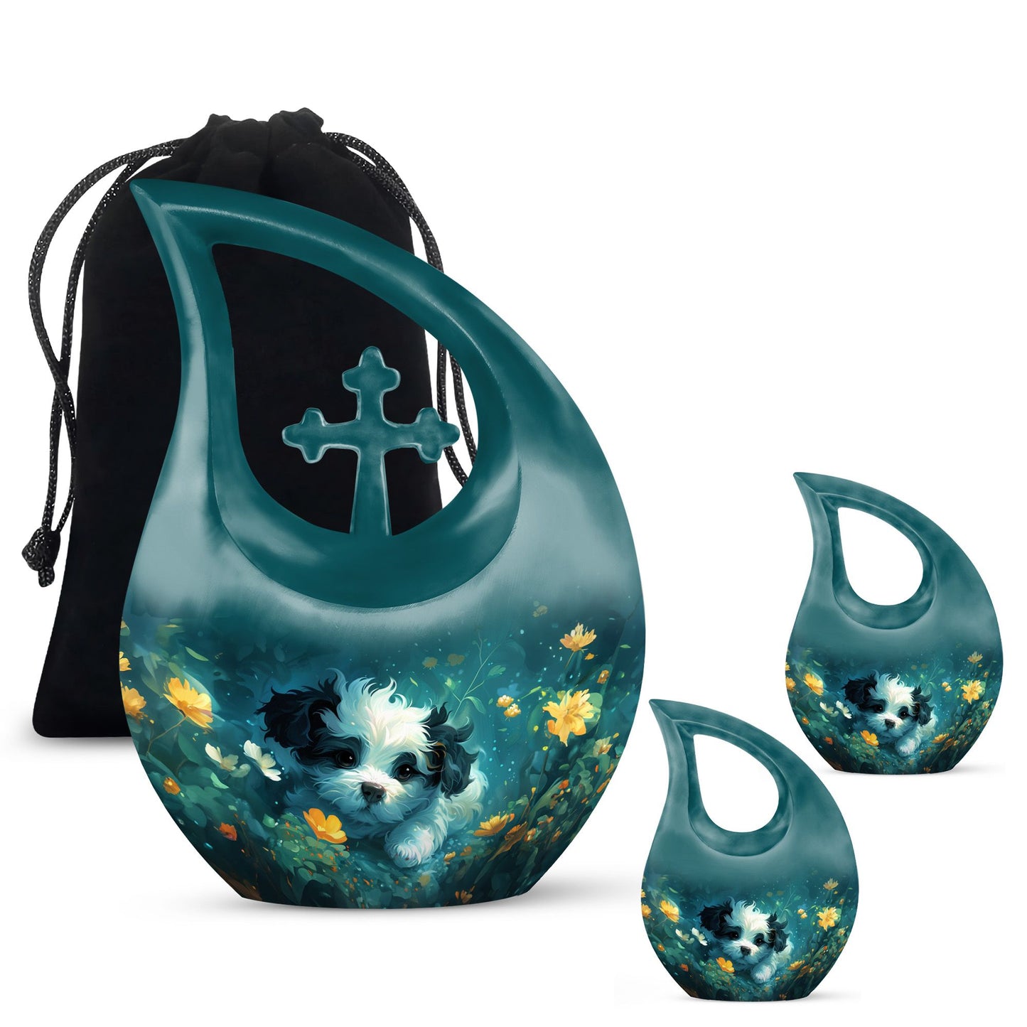 Midnight Floral Pup Urn, 10 inch Cross Drop design, 