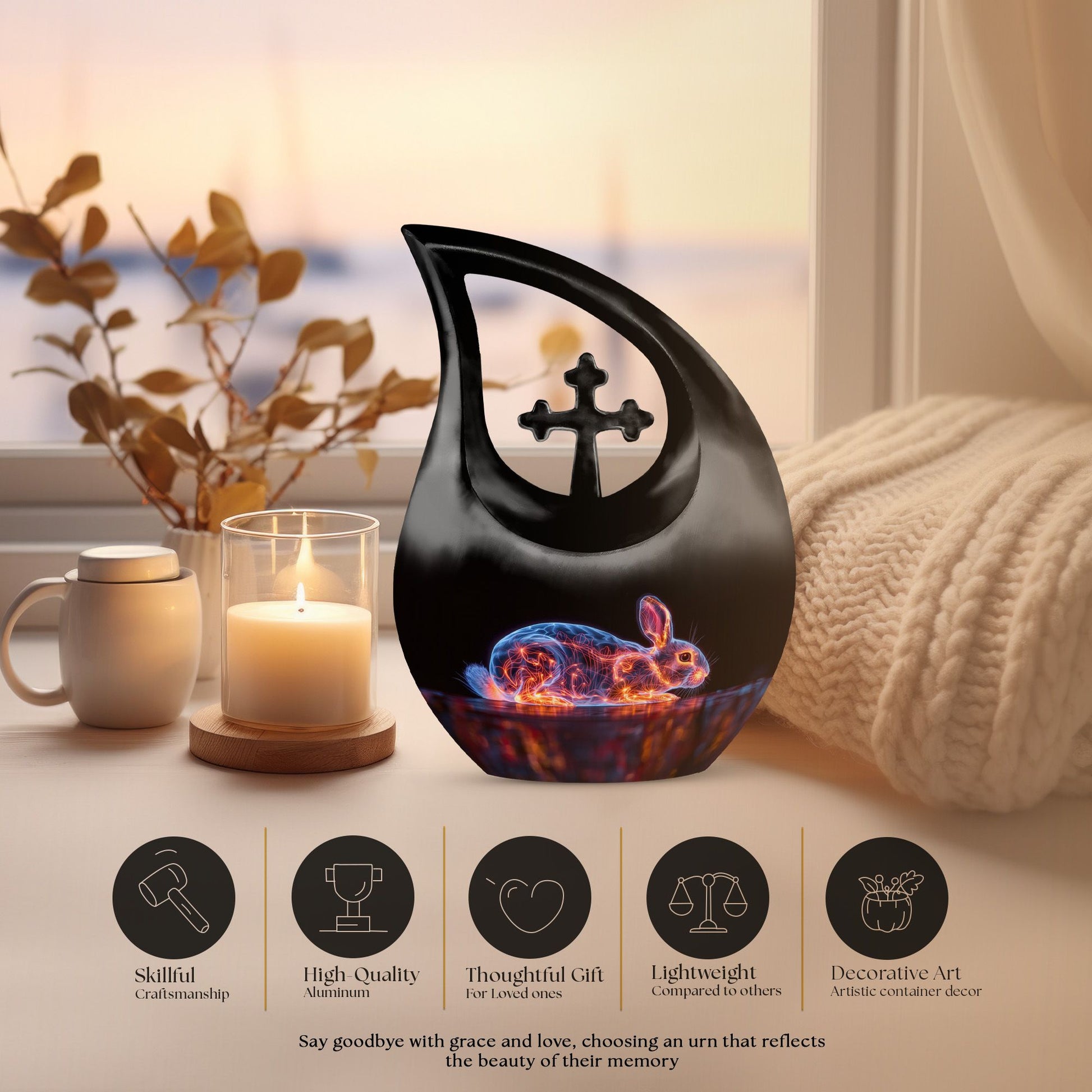 Illuminated Hare Aura urn with Cross Drop design, large and engravable