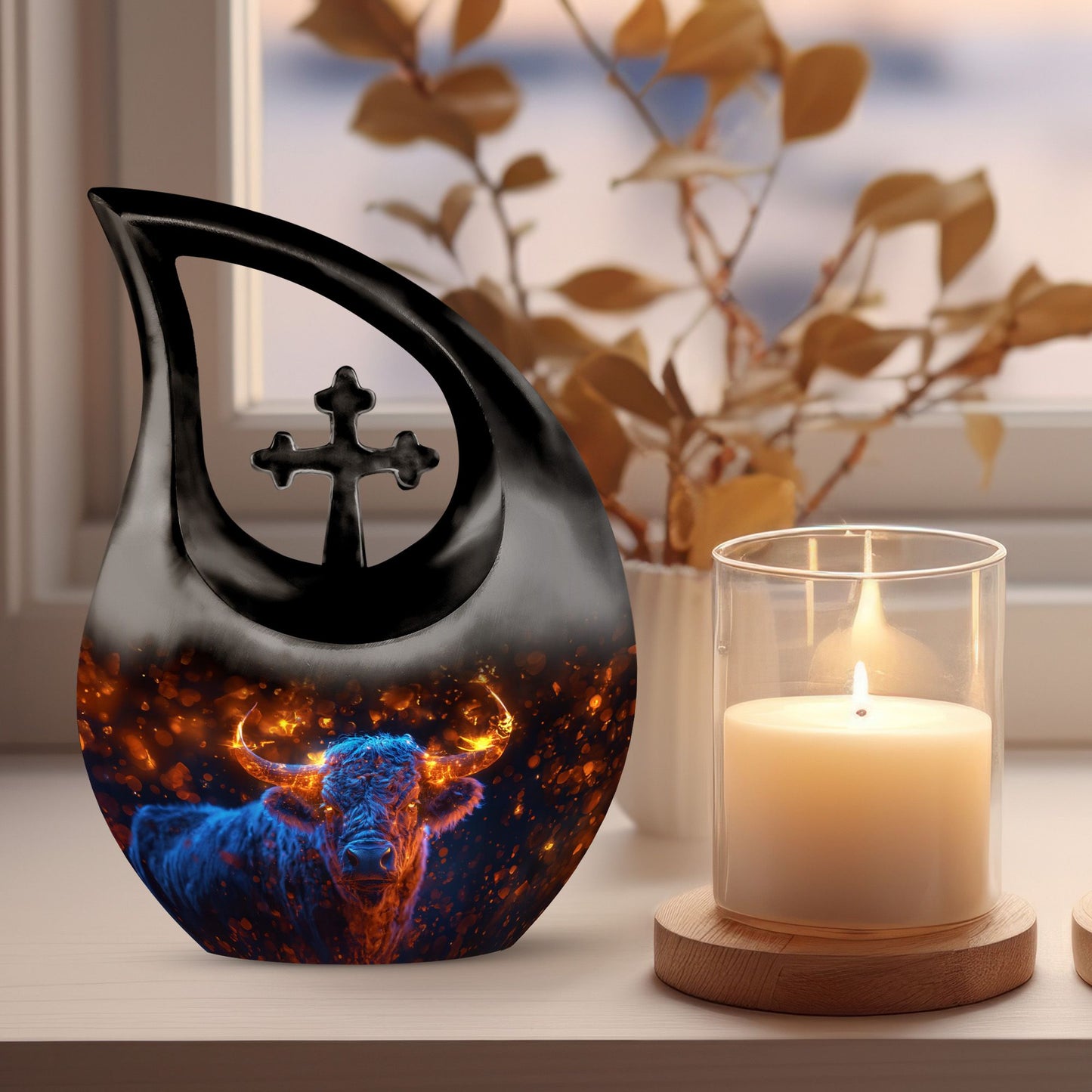 Fiery Highland Spirit Urn with Cross Drop