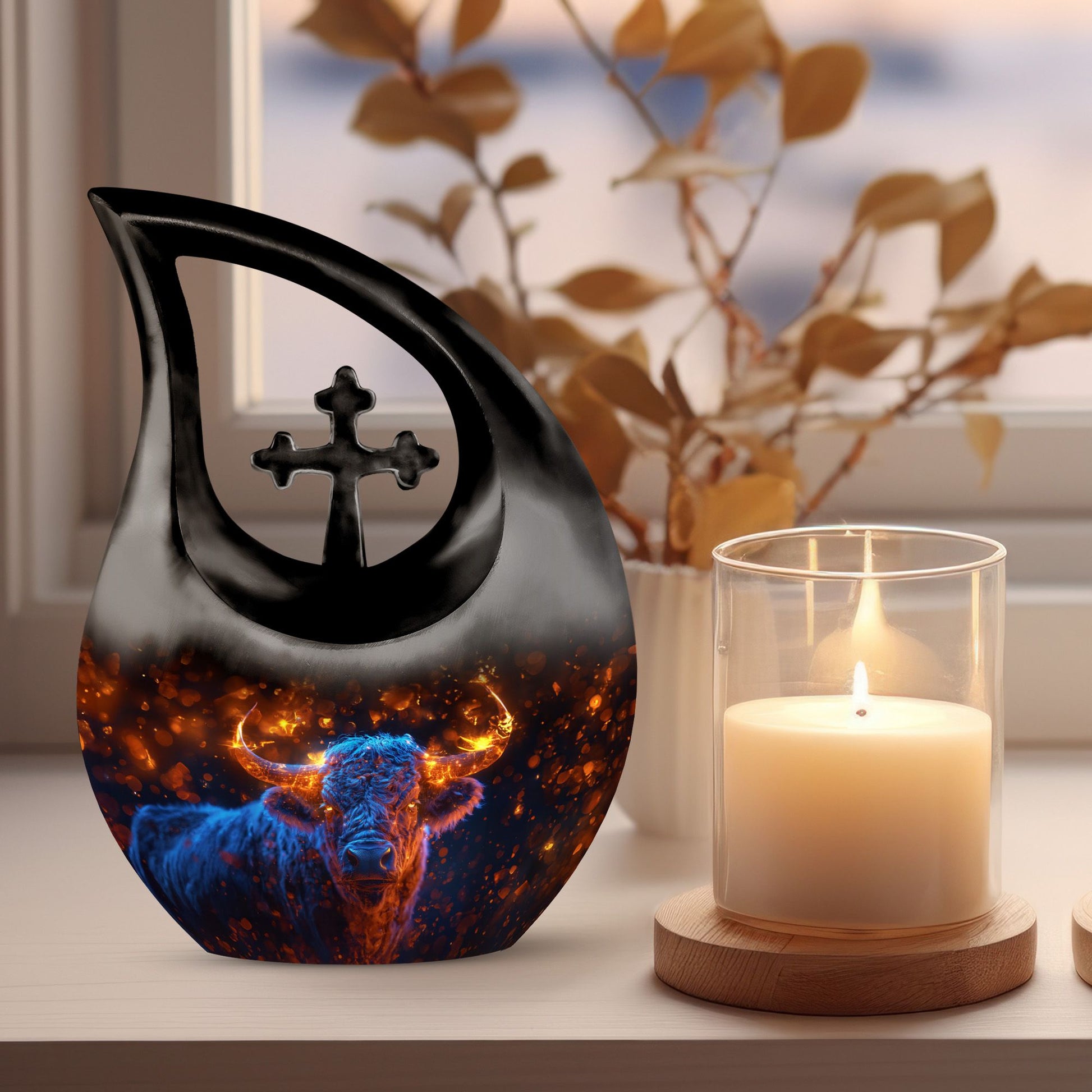 Fiery Highland Spirit Urn with Cross Drop