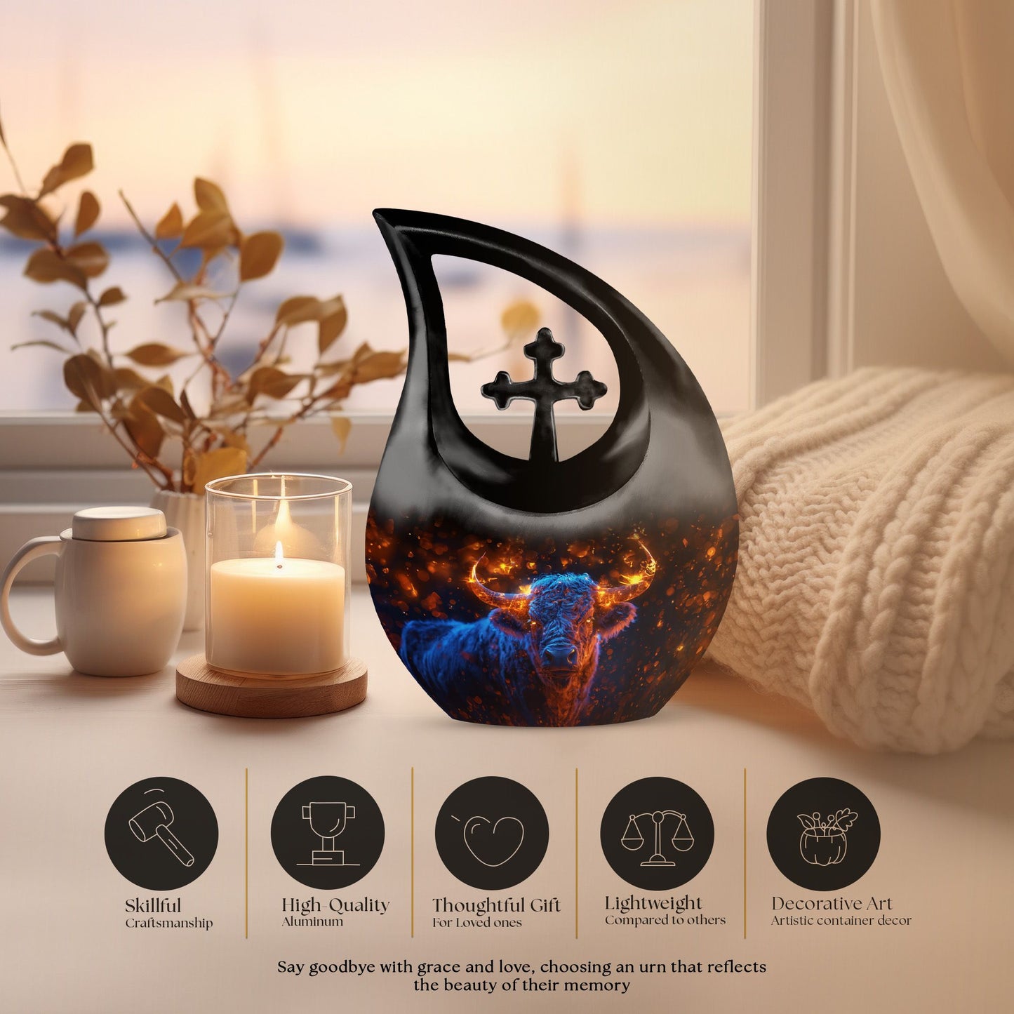 Fiery Highland Spirit Urn with Cross Drop