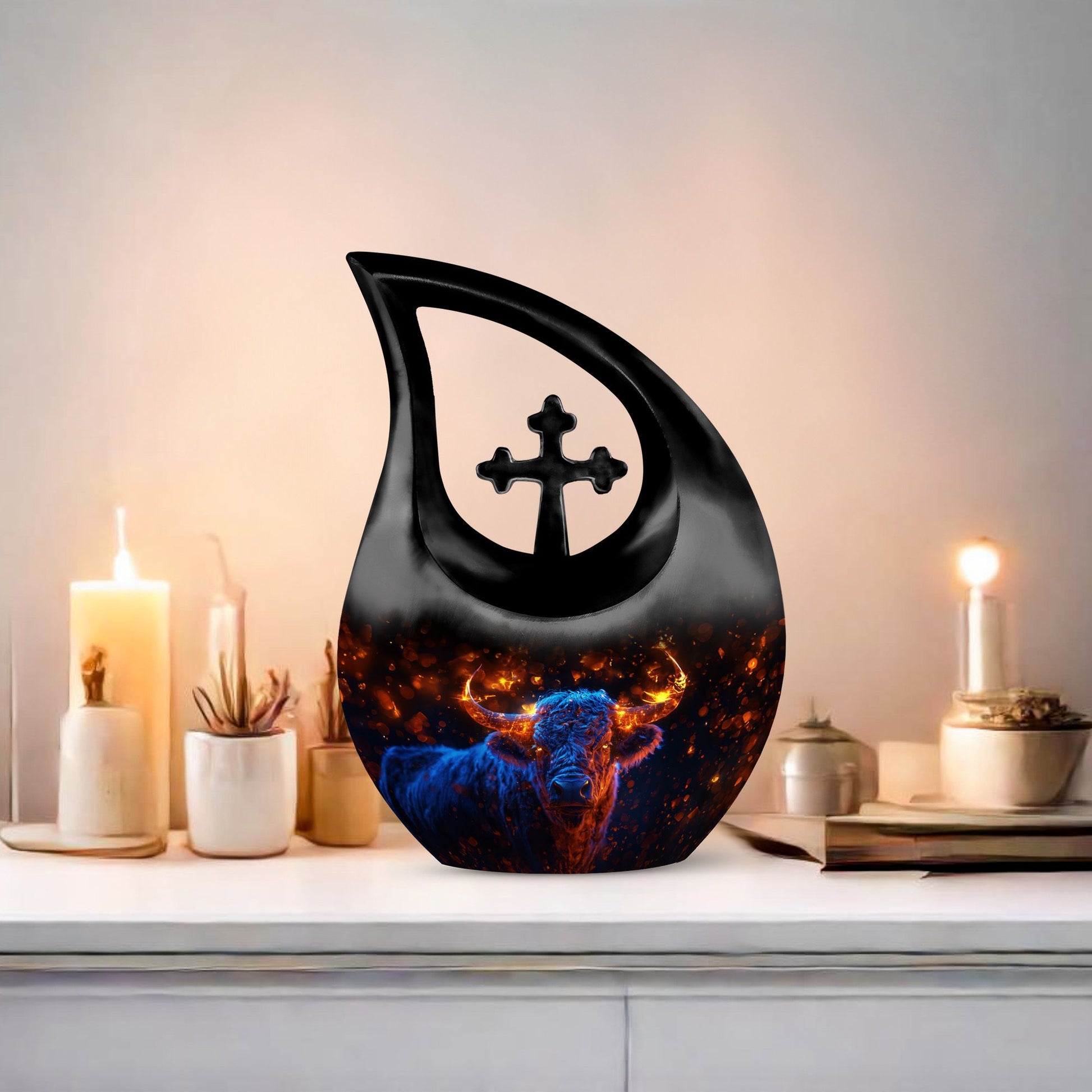 Fiery Highland Spirit Urn with Cross Drop