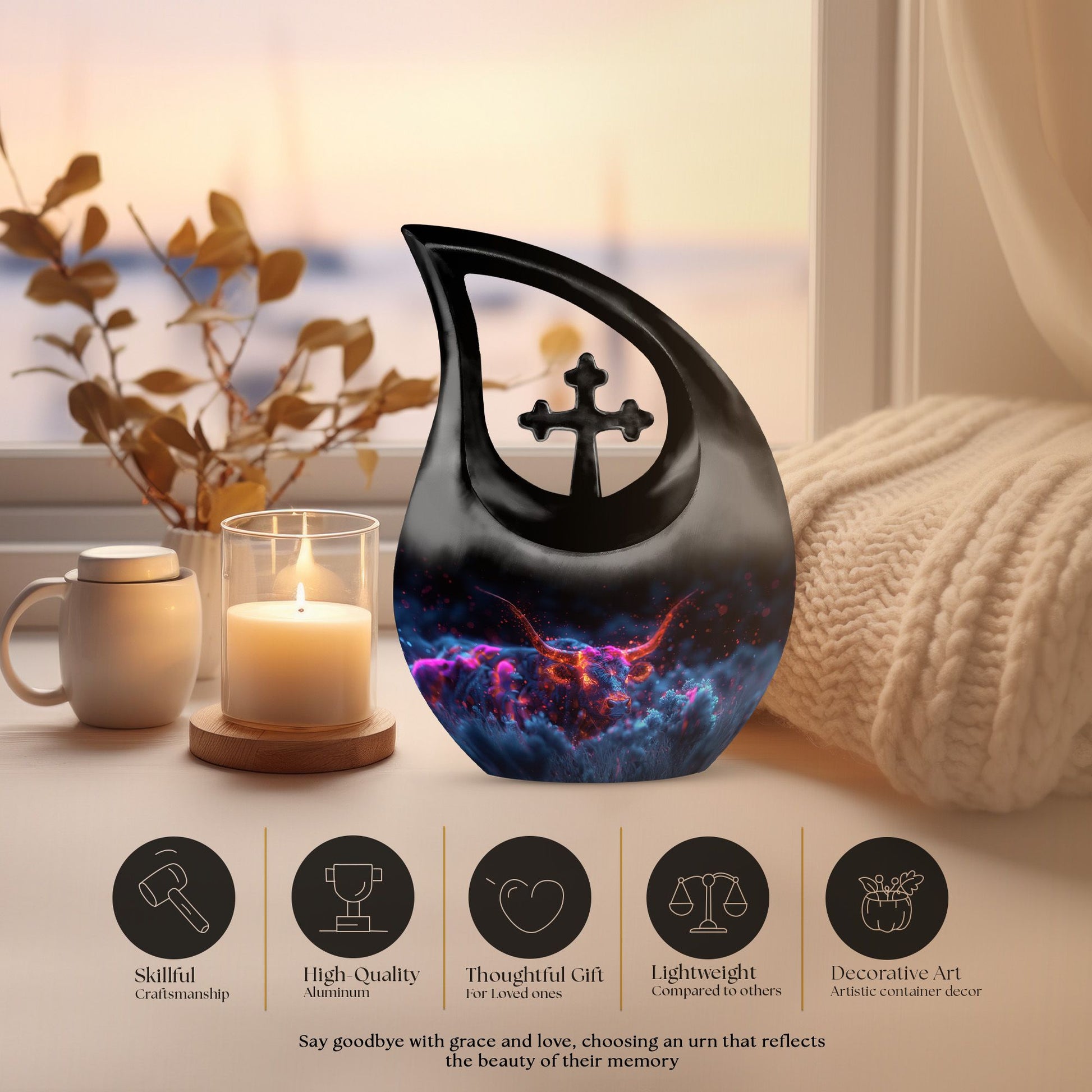 10-inch Astral Bull Mirage urn with a Cross Drop design,