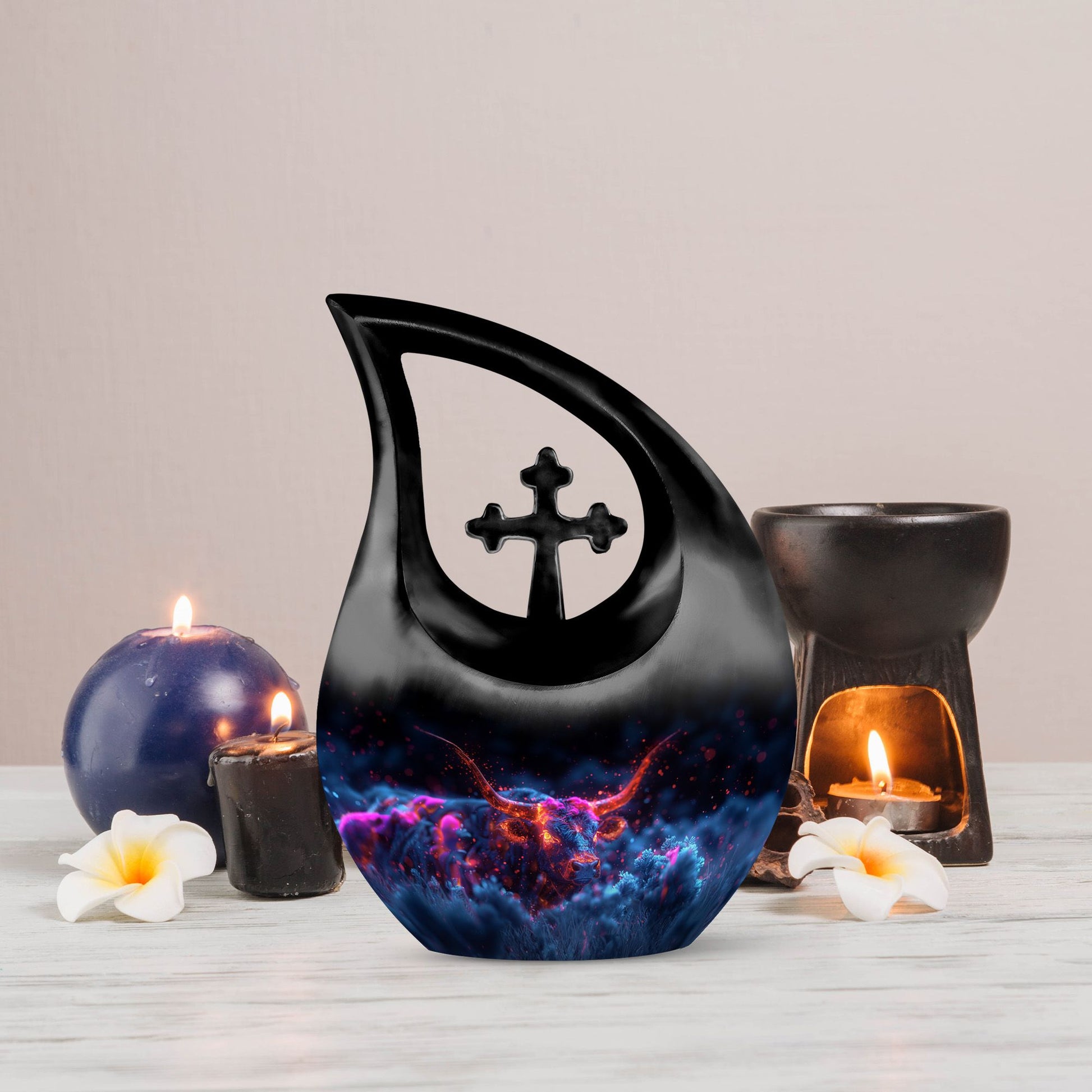 10-inch Astral Bull Mirage urn with a Cross Drop design,