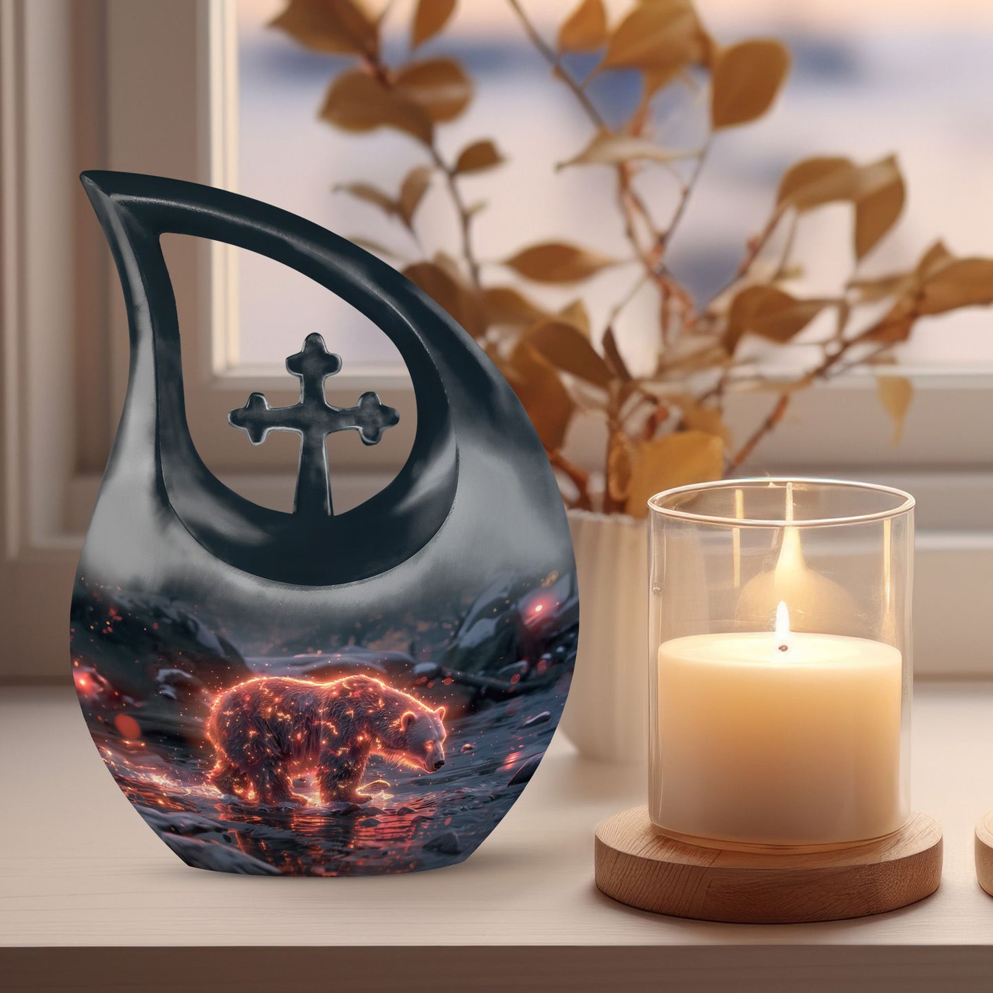 Fiery Frost Bear Urn with cross drop design