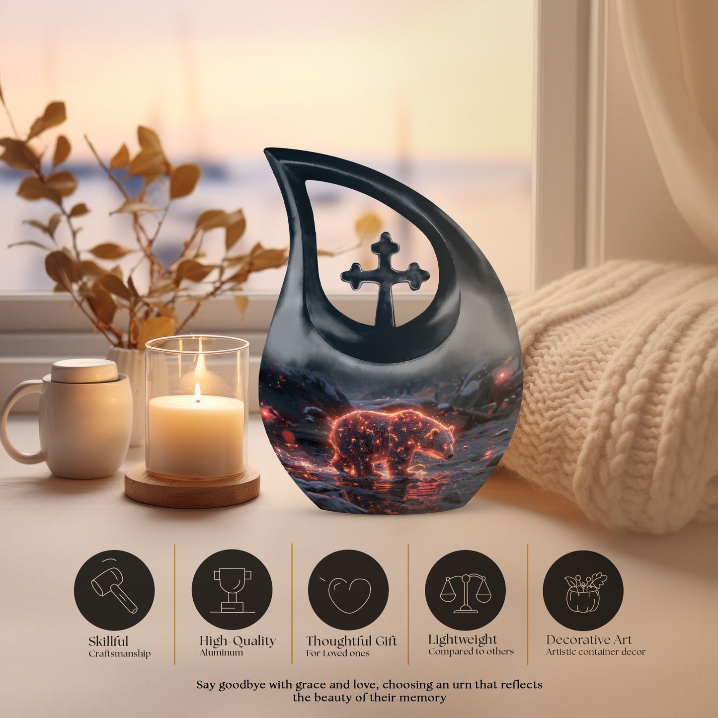 Fiery Frost Bear Urn with cross drop design