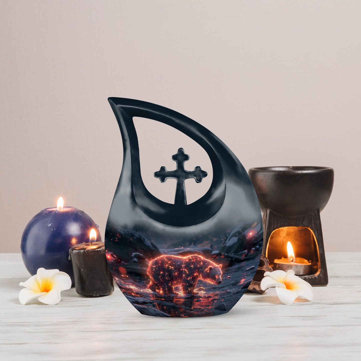 Fiery Frost Bear Urn with cross drop design