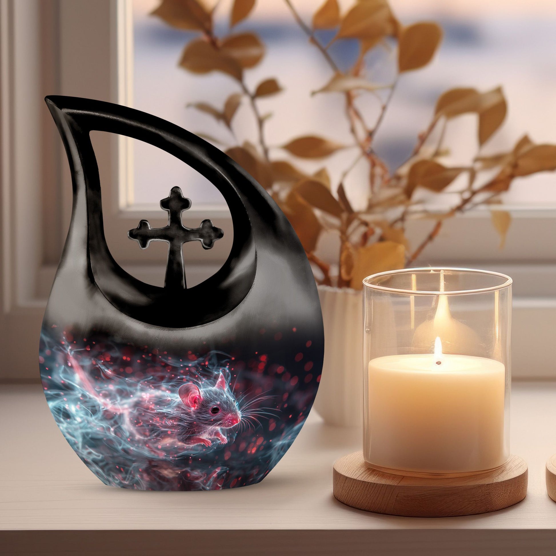 10-inch Mystical Nebula Mouse urn with Cross Drop design