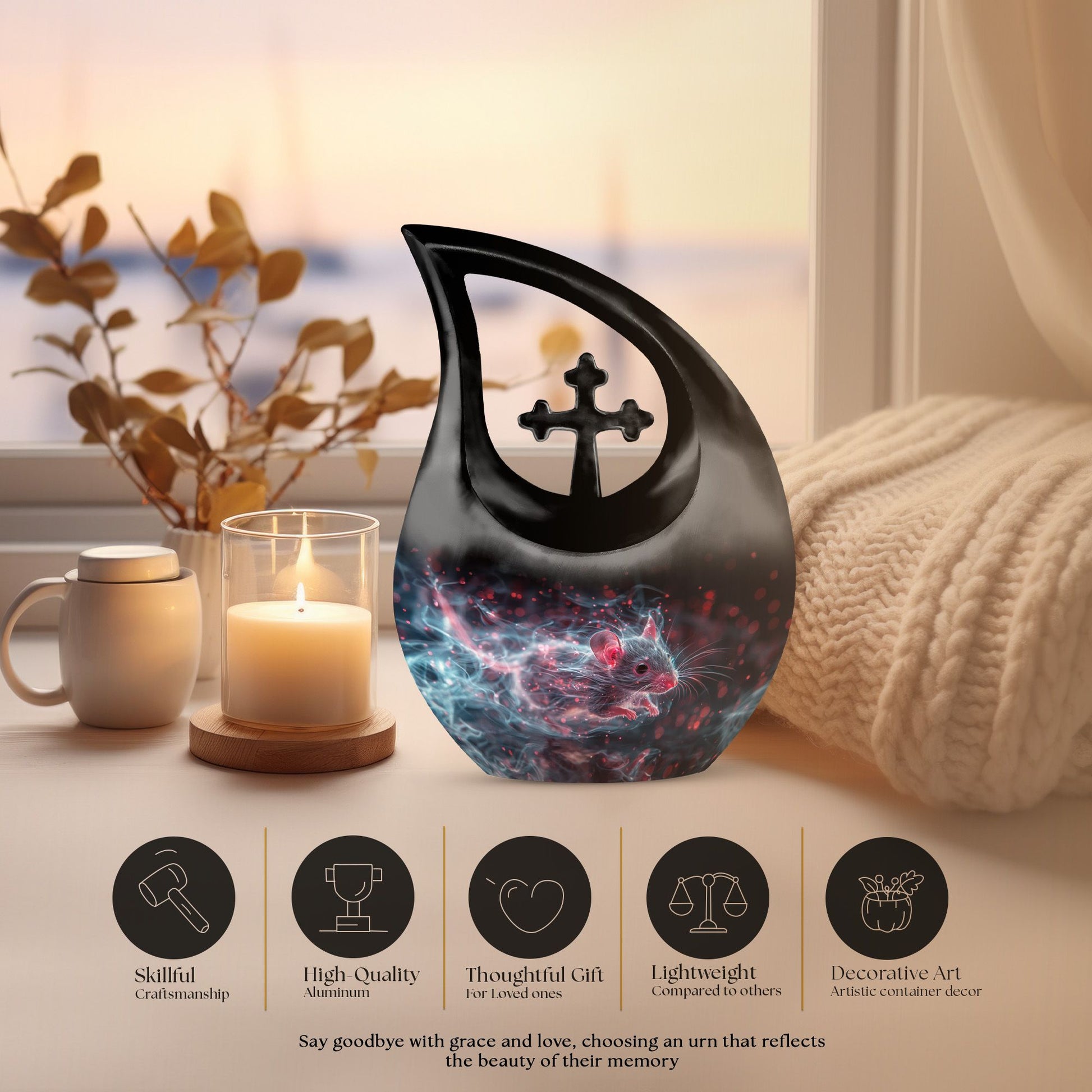 10-inch Mystical Nebula Mouse urn with Cross Drop design