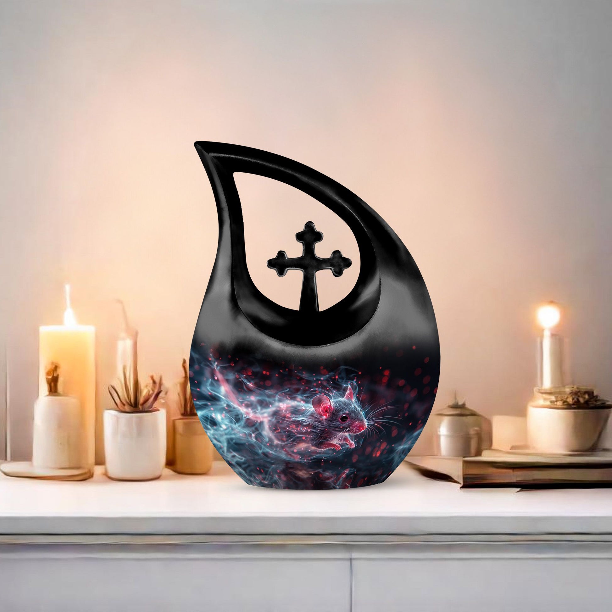 10-inch Mystical Nebula Mouse urn with Cross Drop design