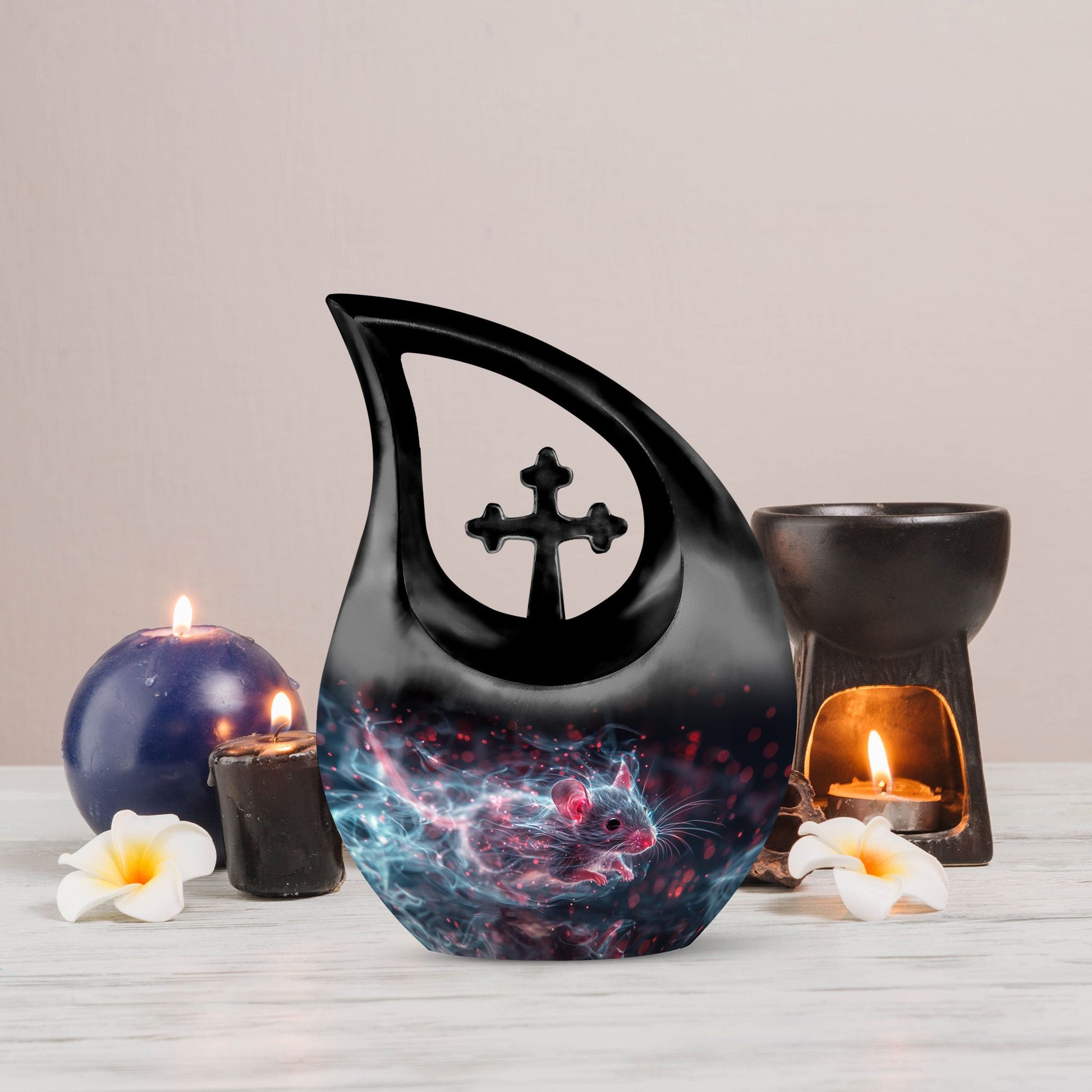 10-inch Mystical Nebula Mouse urn with Cross Drop design