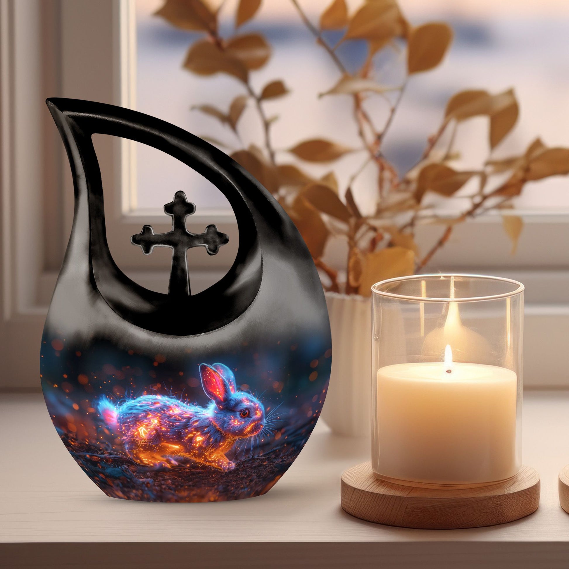 10 inch Mystic Fire Rabbit Urn, large drop shaped cremation 