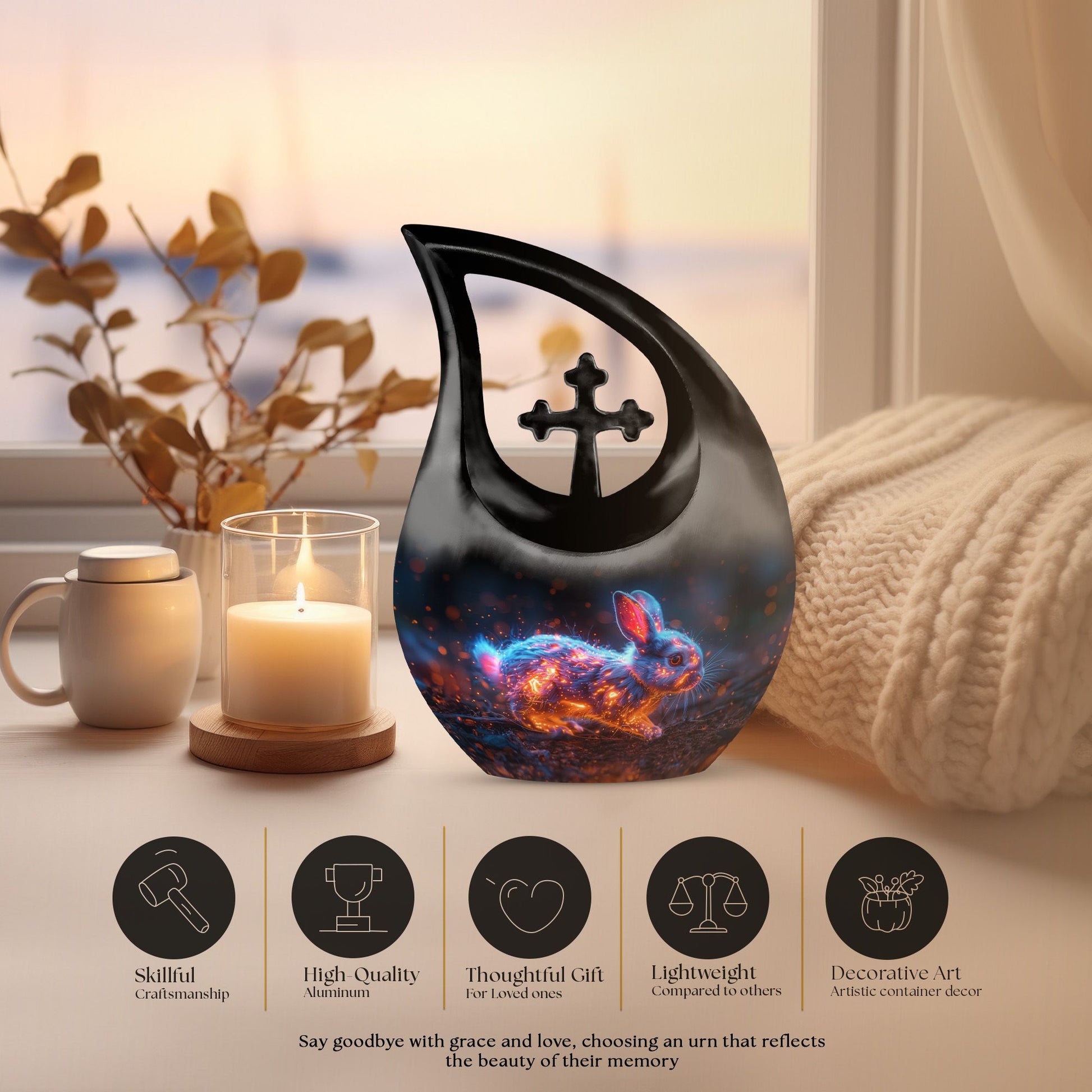 10 inch Mystic Fire Rabbit Urn, large drop shaped cremation 