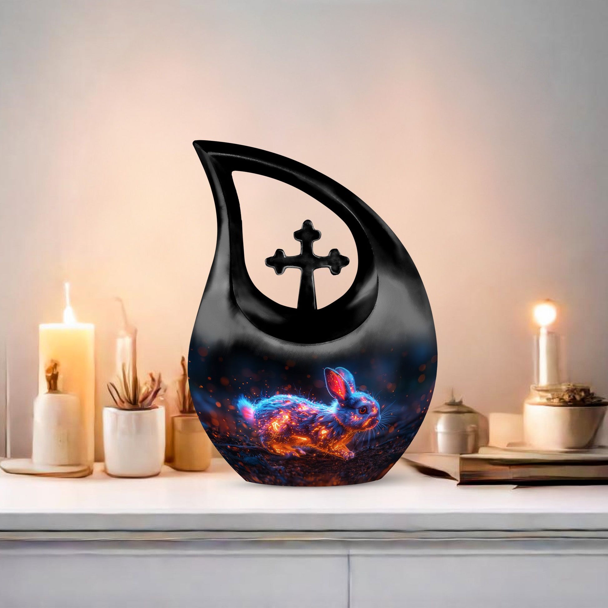 10 inch Mystic Fire Rabbit Urn, large drop shaped cremation 