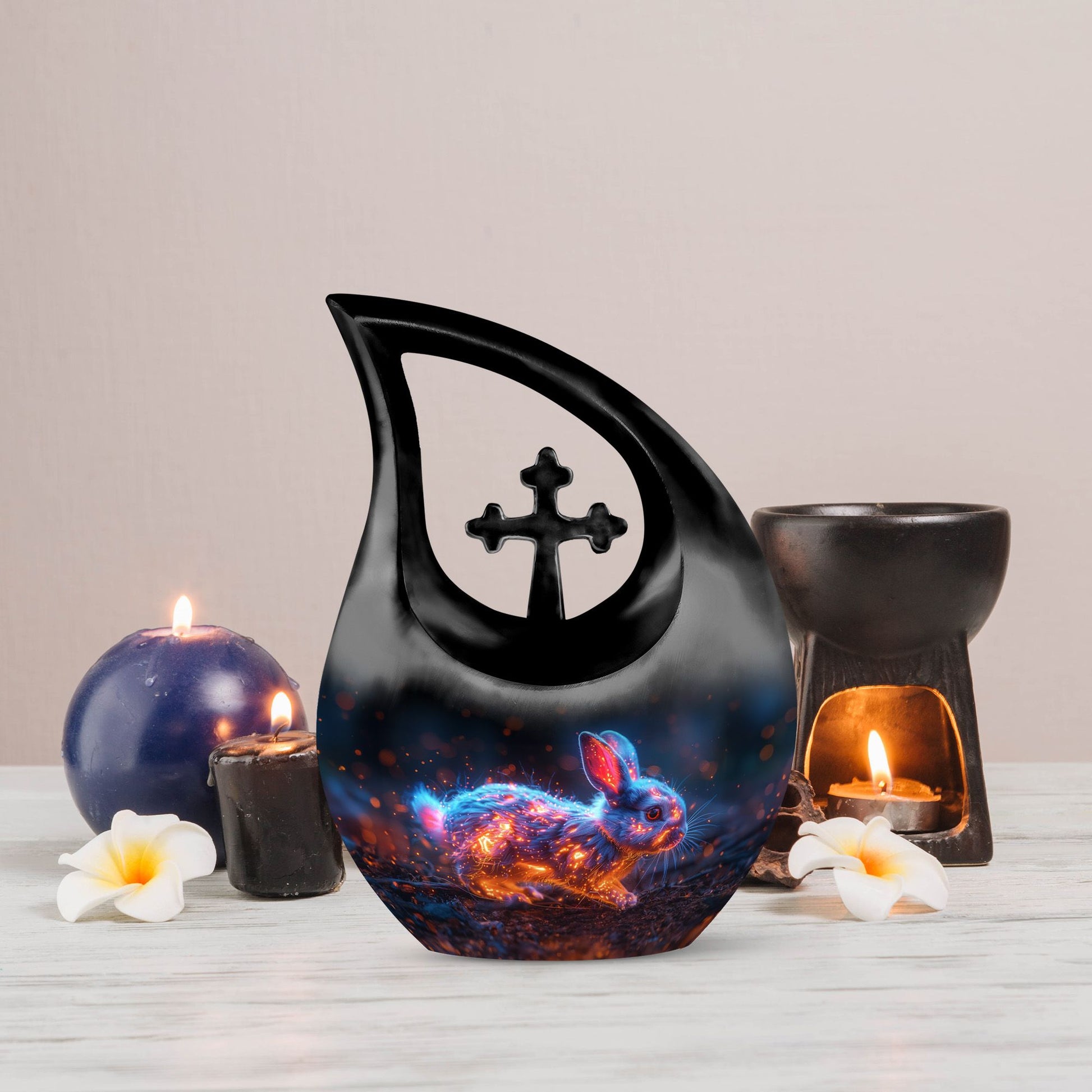 10 inch Mystic Fire Rabbit Urn, large drop shaped cremation 