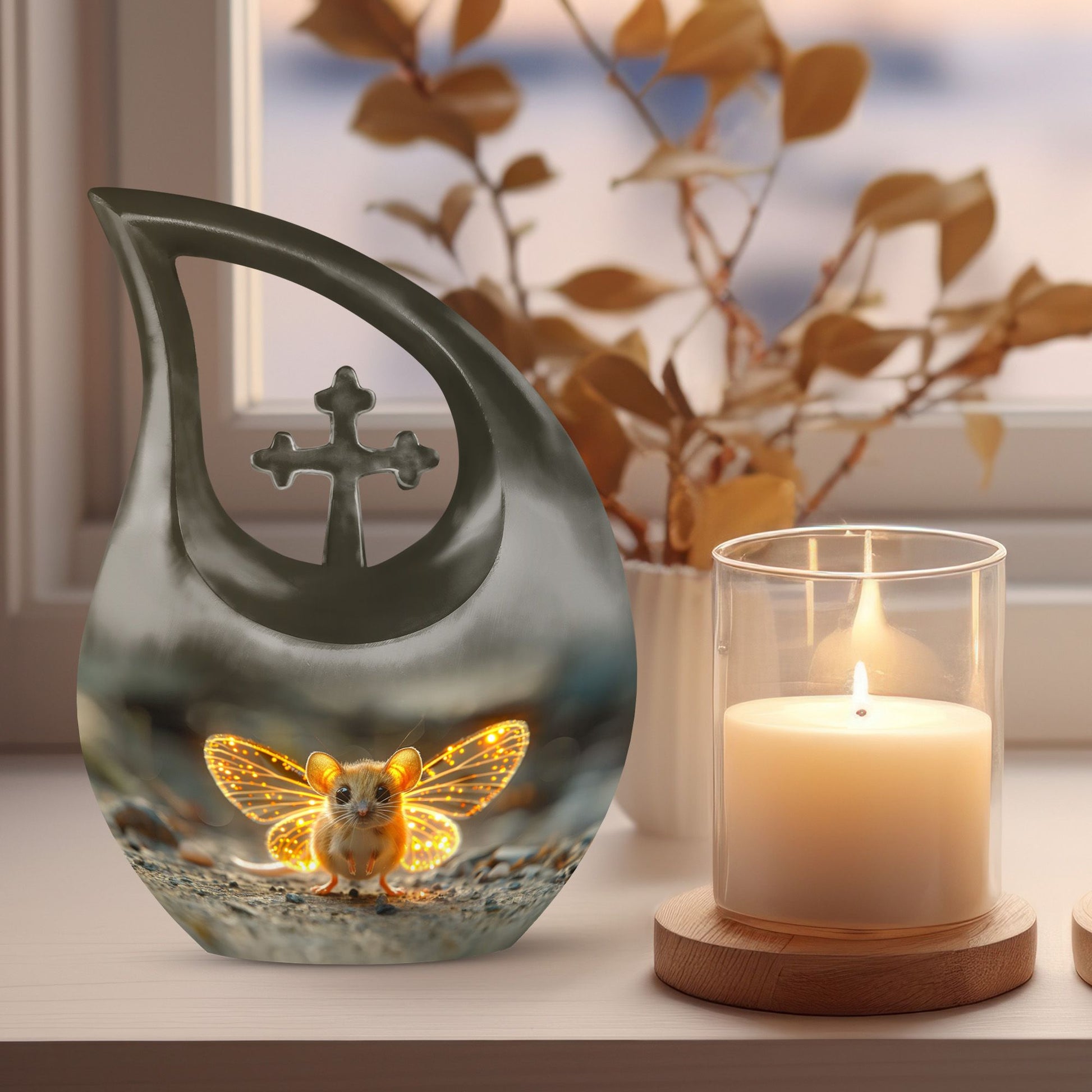 10-inch Mystic Firefly Mouse Urn, Cross Drop 