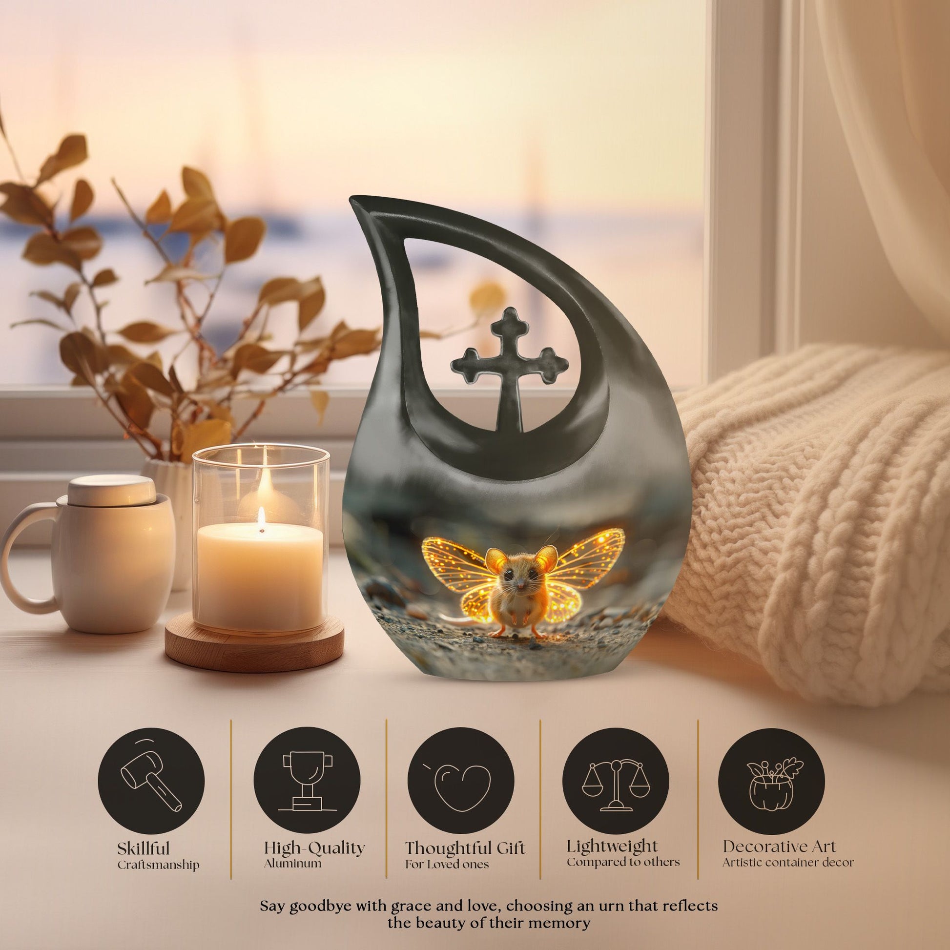 10-inch Mystic Firefly Mouse Urn, Cross Drop 