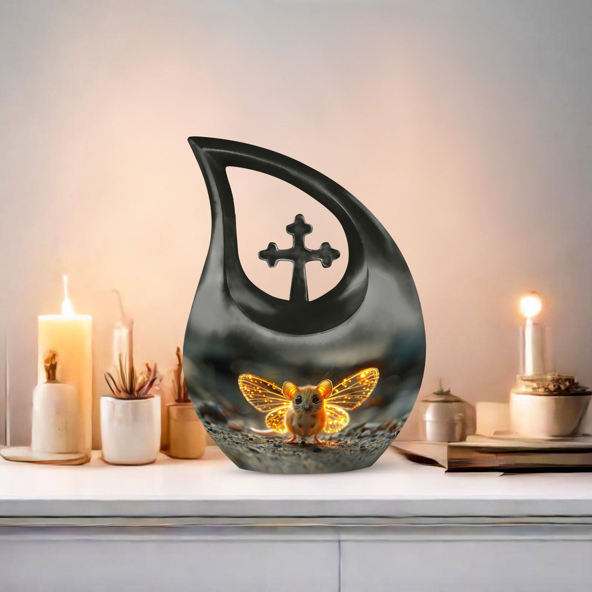 10-inch Mystic Firefly Mouse Urn, Cross Drop 
