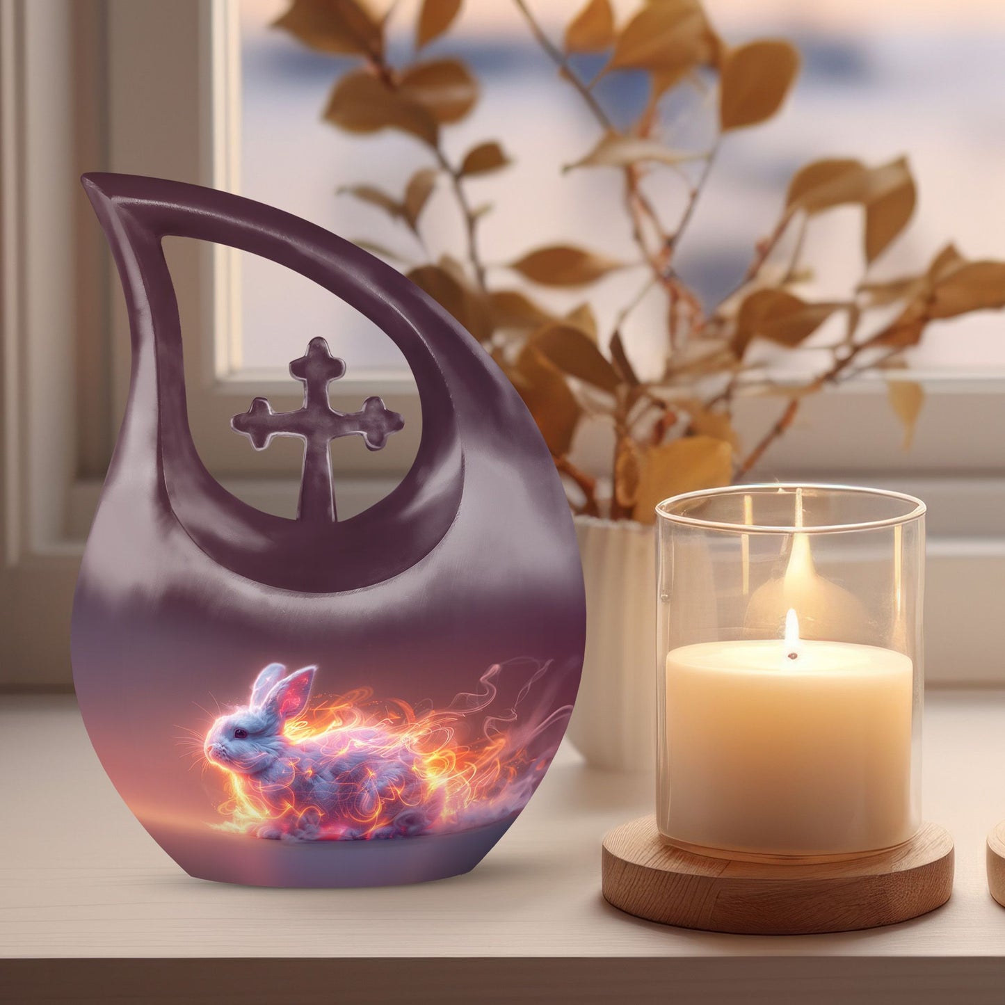 10-inch Fiery Ethereal Rabbit Urn with Cross Drop