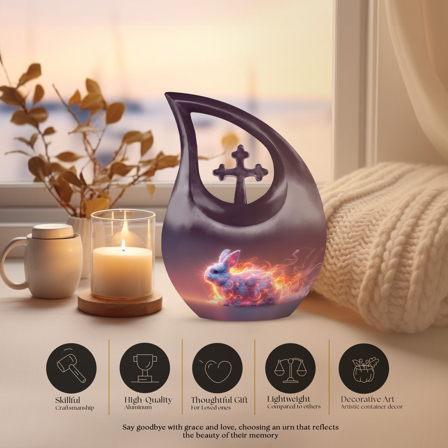 10-inch Fiery Ethereal Rabbit Urn with Cross Drop