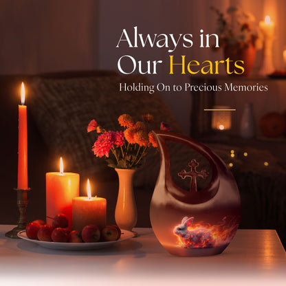 10-inch Fiery Ethereal Rabbit Urn with Cross Drop