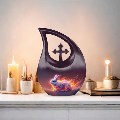 10-inch Fiery Ethereal Rabbit Urn with Cross Drop