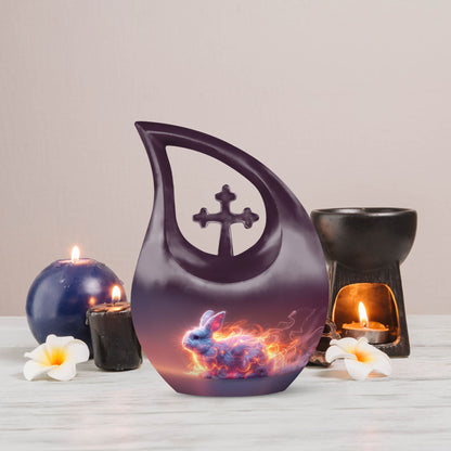 10-inch Fiery Ethereal Rabbit Urn with Cross Drop