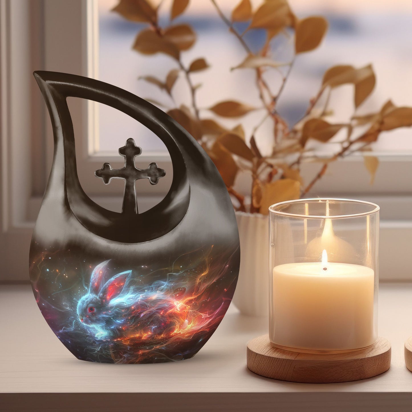 10-inch Nebula Blaze Rabbit Urn with cross drop 