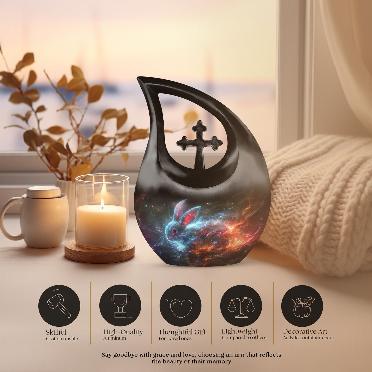 10-inch Nebula Blaze Rabbit Urn with cross drop 