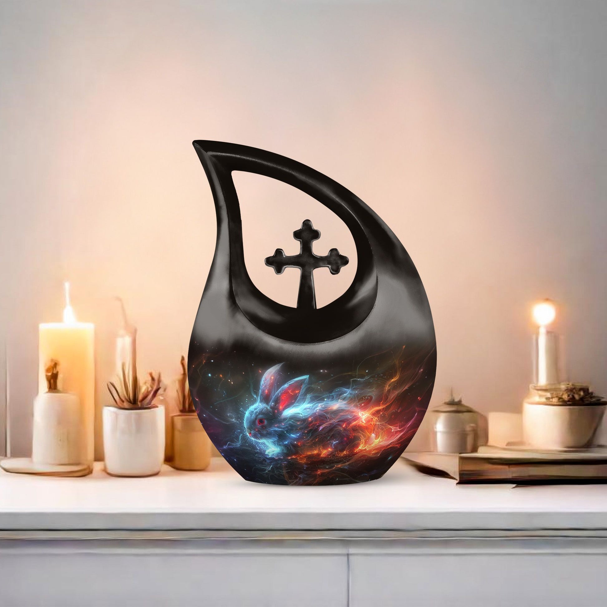 10-inch Nebula Blaze Rabbit Urn with cross drop 