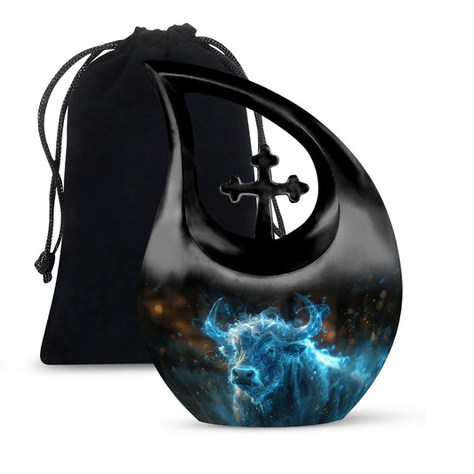 10-inch Cosmic Energy Bull urn with cross drop 