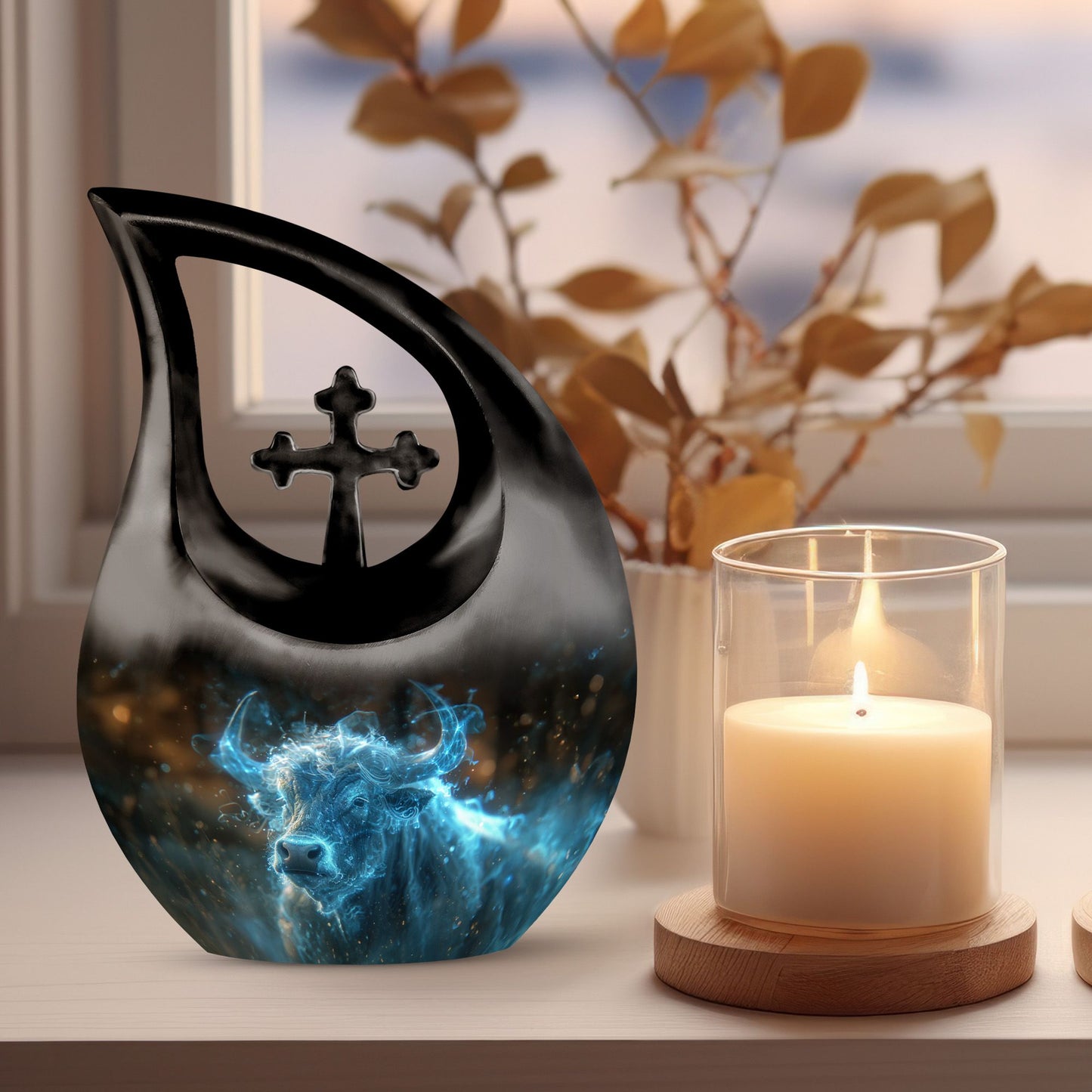 10-inch Cosmic Energy Bull urn with cross drop 
