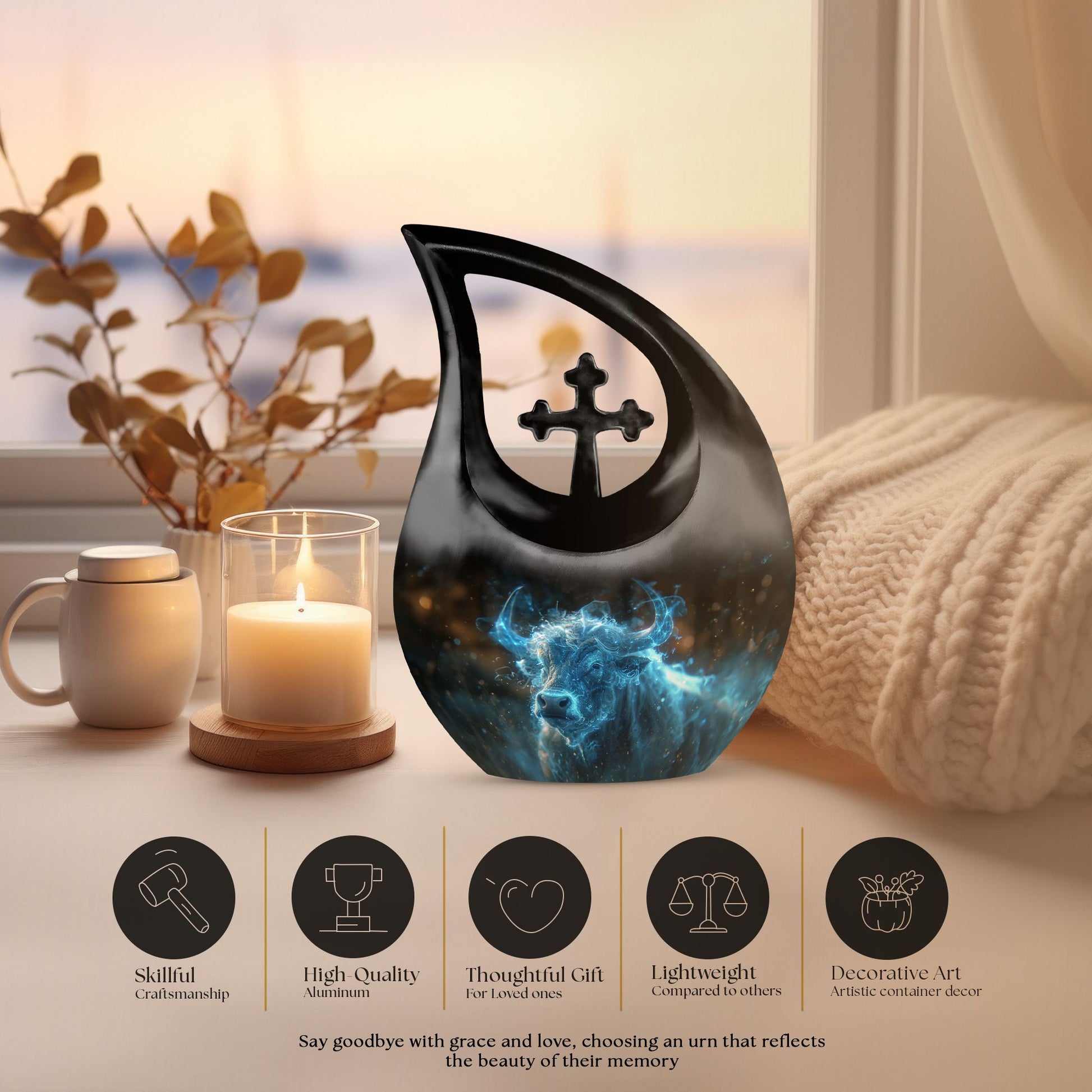 10-inch Cosmic Energy Bull urn with cross drop 