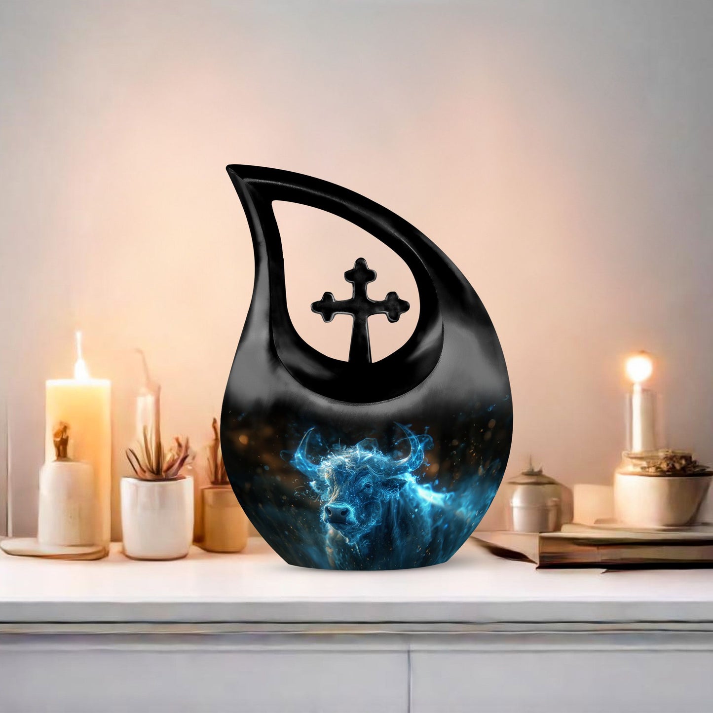 10-inch Cosmic Energy Bull urn with cross drop 