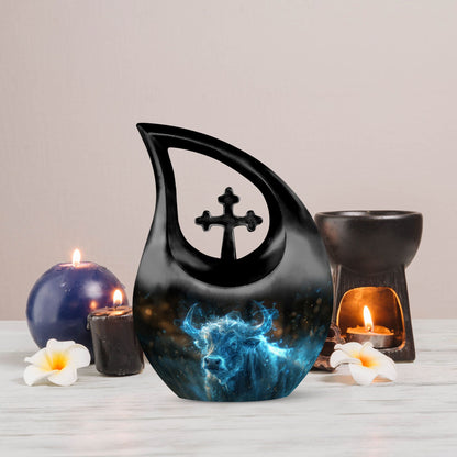 10-inch Cosmic Energy Bull urn with cross drop 