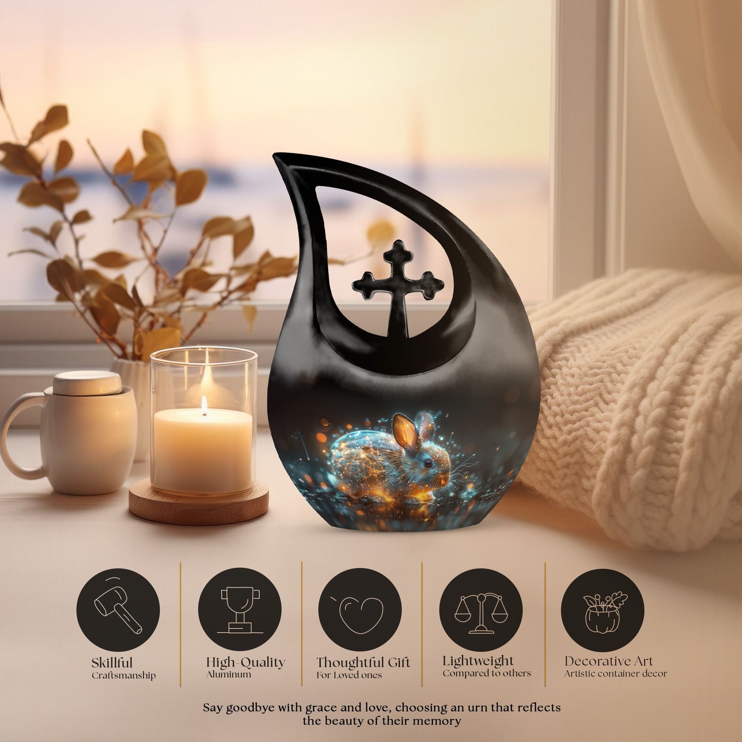 10 inch Luminous Mystic Hare Urn with Cross Drop design 