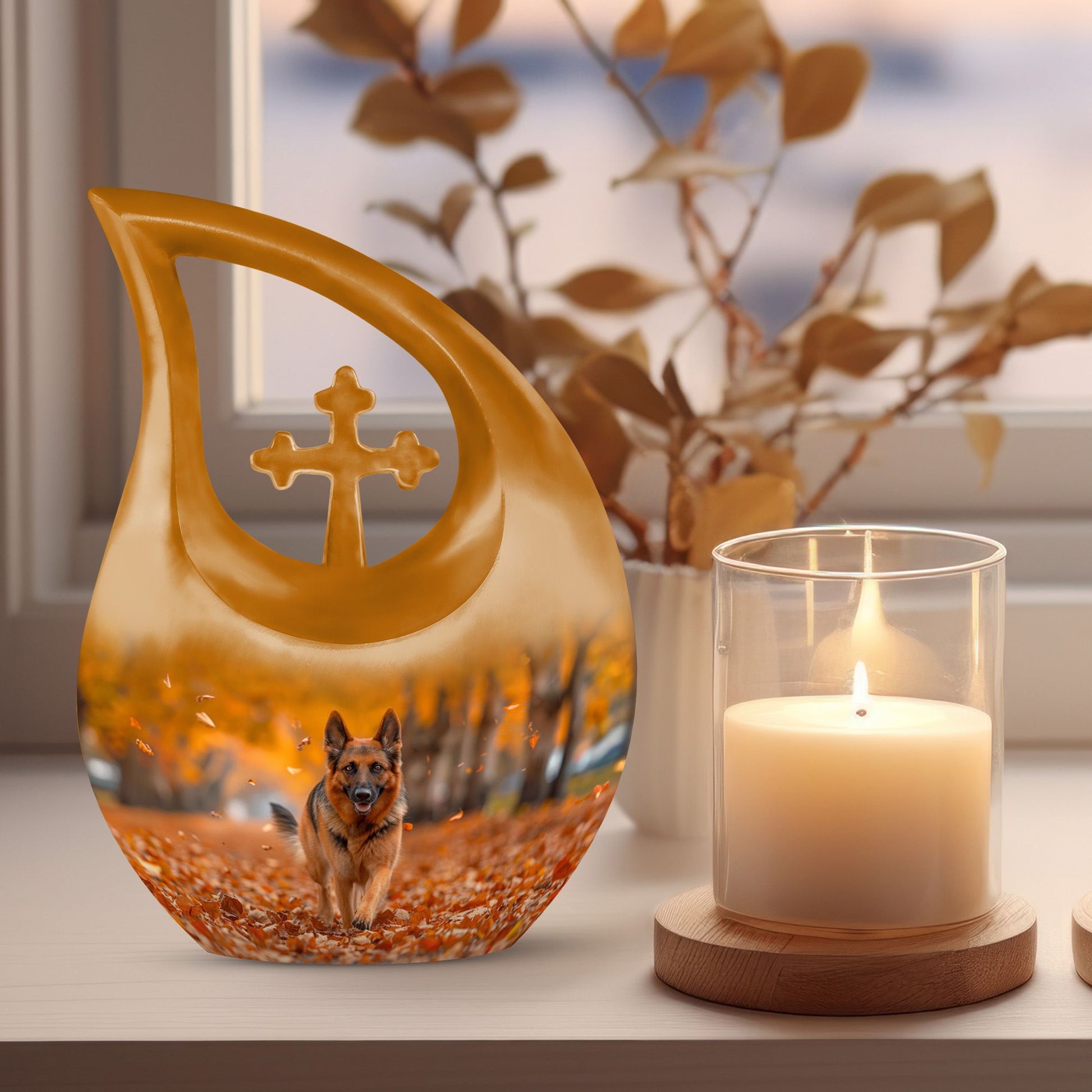 10-inch Autumn Canine Stroll Urn, Cross Drop design, 