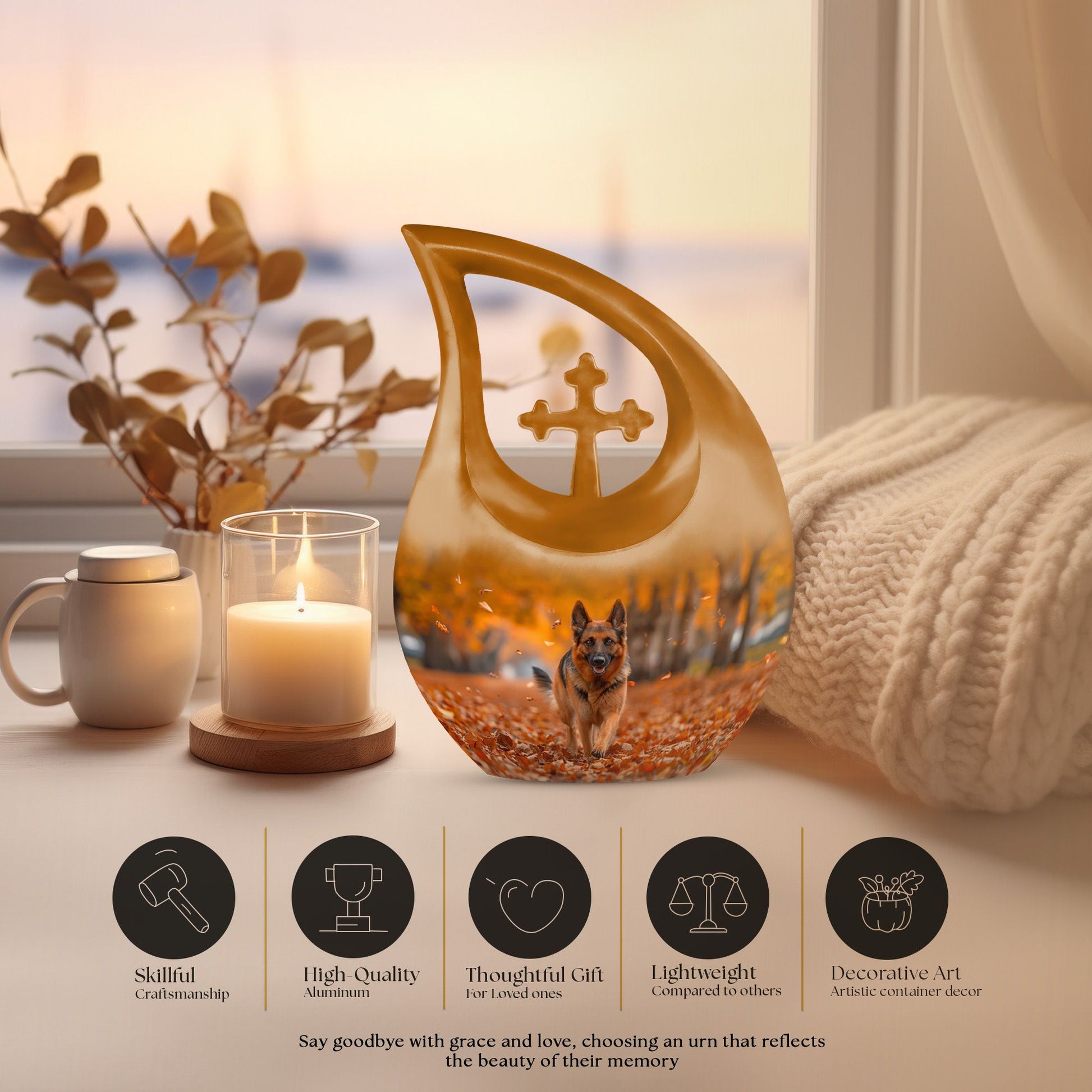 10-inch Autumn Canine Stroll Urn, Cross Drop design, 