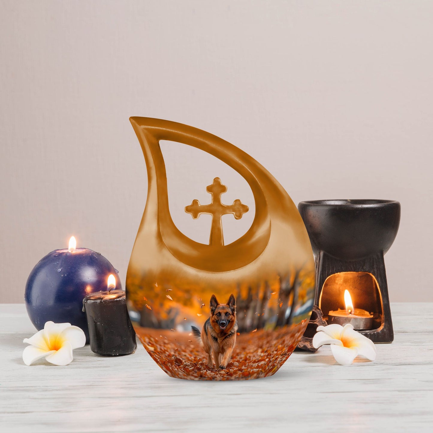10-inch Autumn Canine Stroll Urn, Cross Drop design, 
