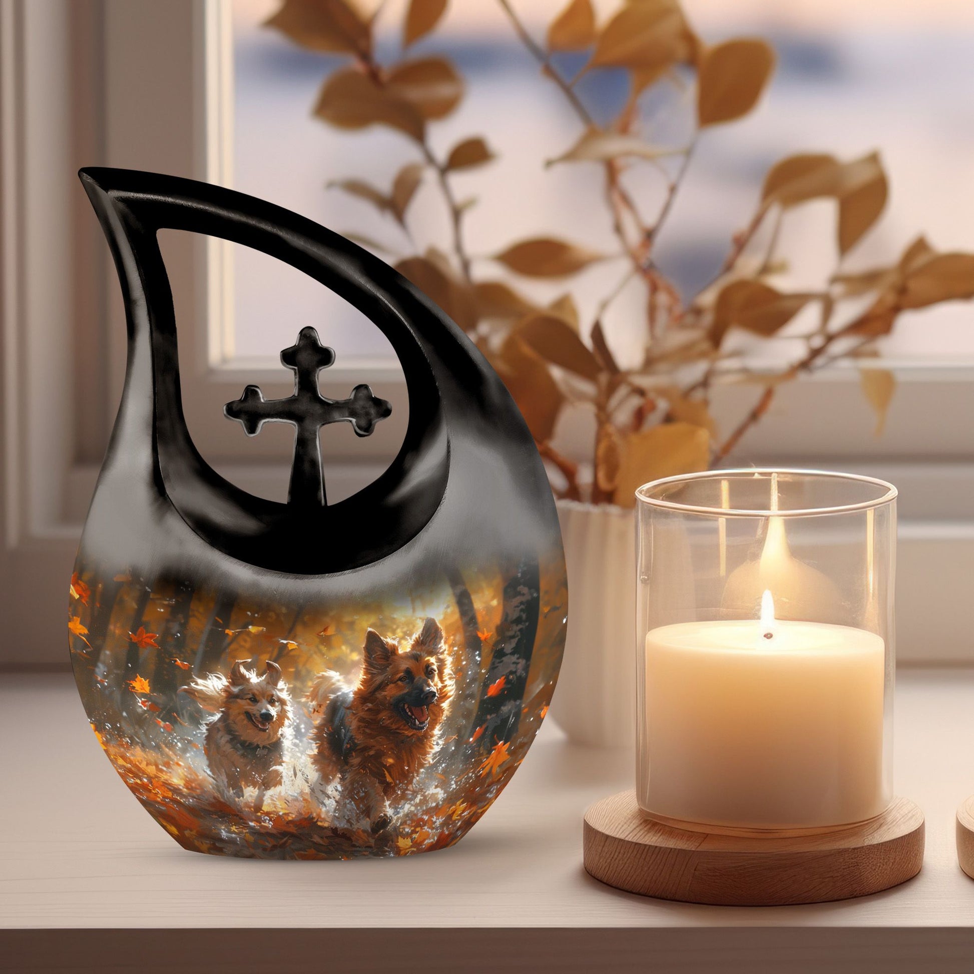 10-inch Autumn Frolic Light Urn with Cross Drop design,