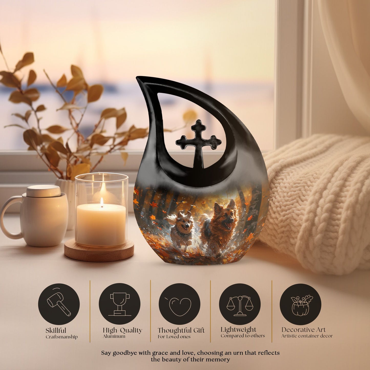 10-inch Autumn Frolic Light Urn with Cross Drop design,